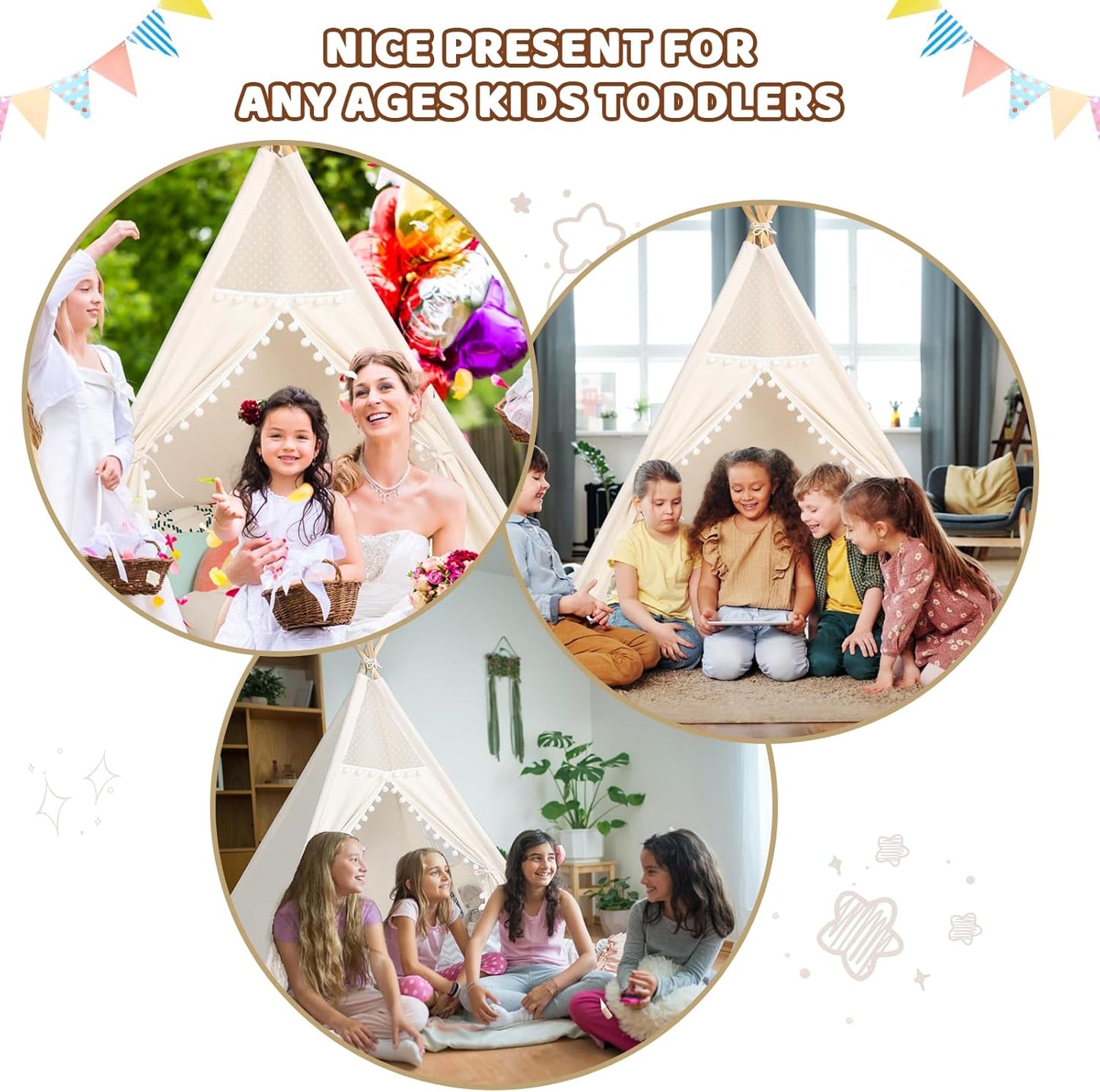 Sumbababy 4 Pack Kids Teepee Tent - Boho Toddler Sleepover Tents for Girls & Boys Indoor - Washable Foldable Slumber Party Tent
