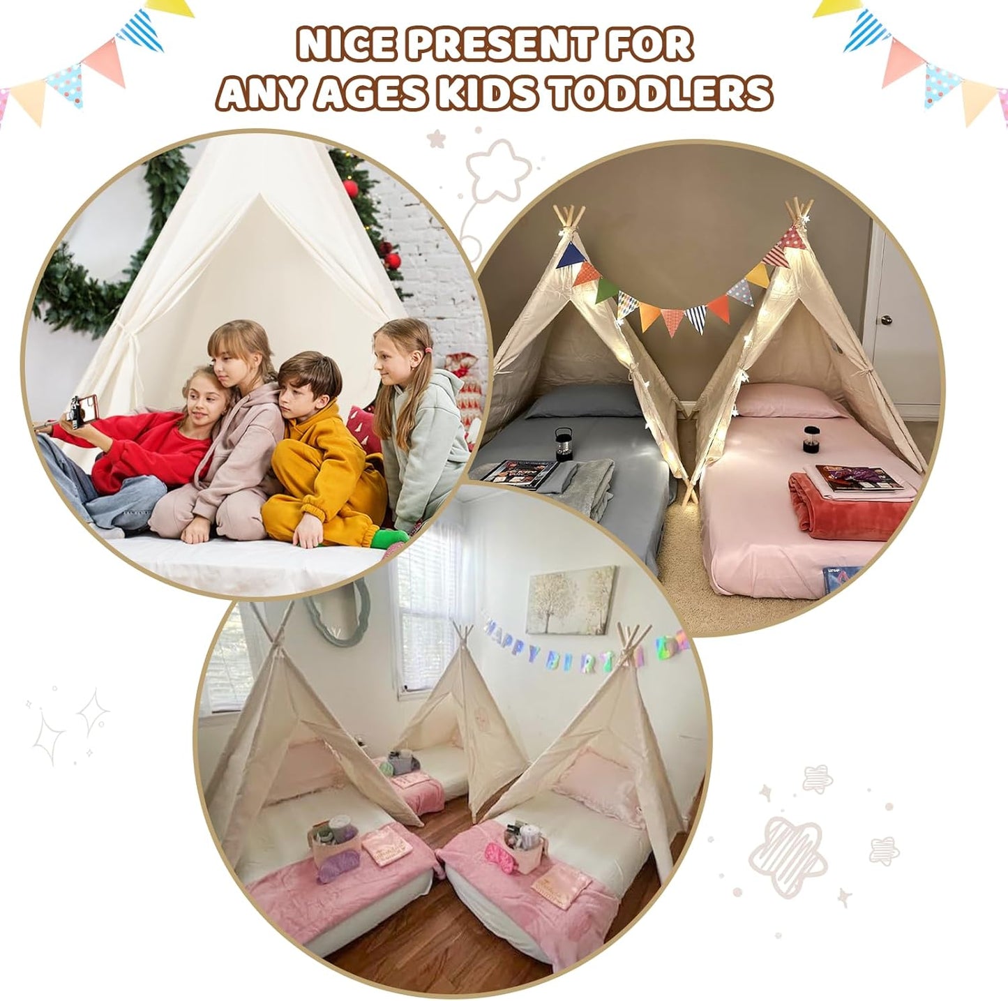 Sumbababy 2 Pack Teepee Tent for Kids - Natural Canvas Tipi Sleepover Tents for Girls Party with Washable Play Tent Indoor, Includes Carry Bag, Lights & Colorful Flags