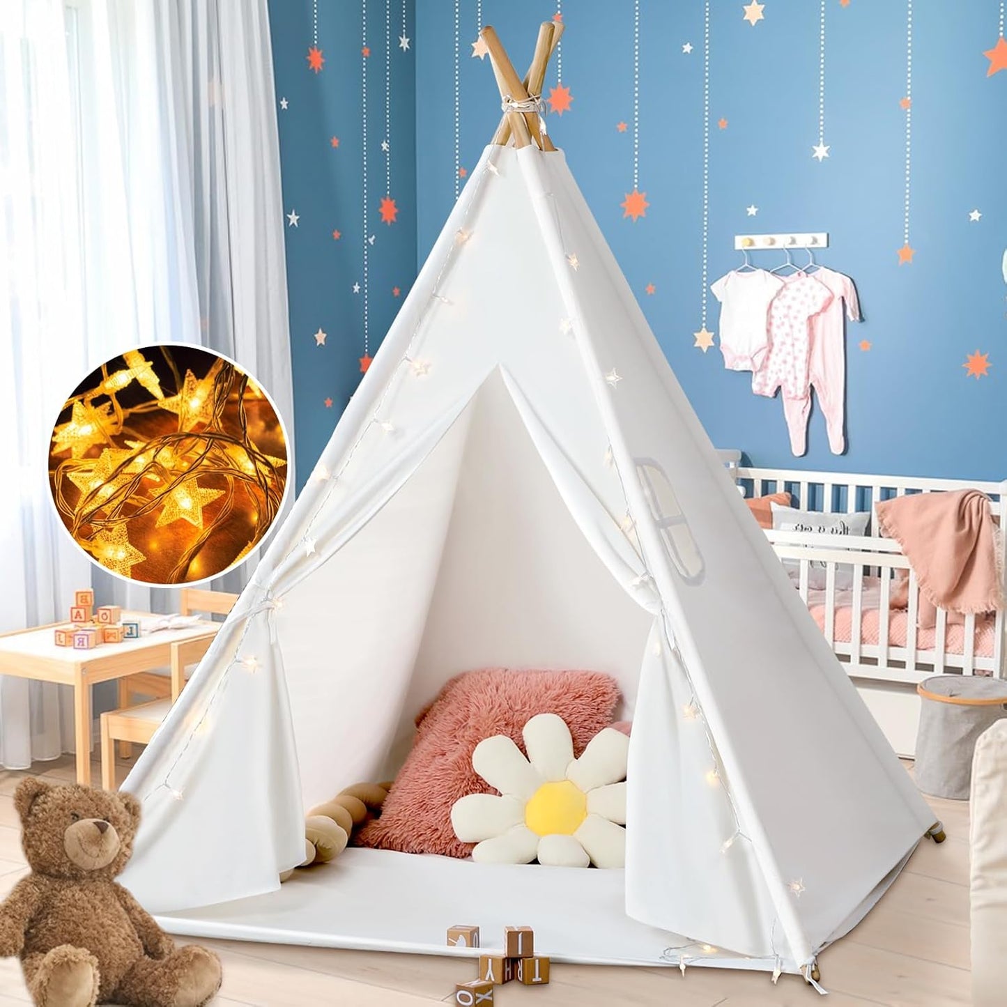 Kids Teepee Tent with Star Lights, Play Tent for Girls Boys Gift Playhouse for Kids Indoor Games, Kids Toys House for Baby with Carry Case