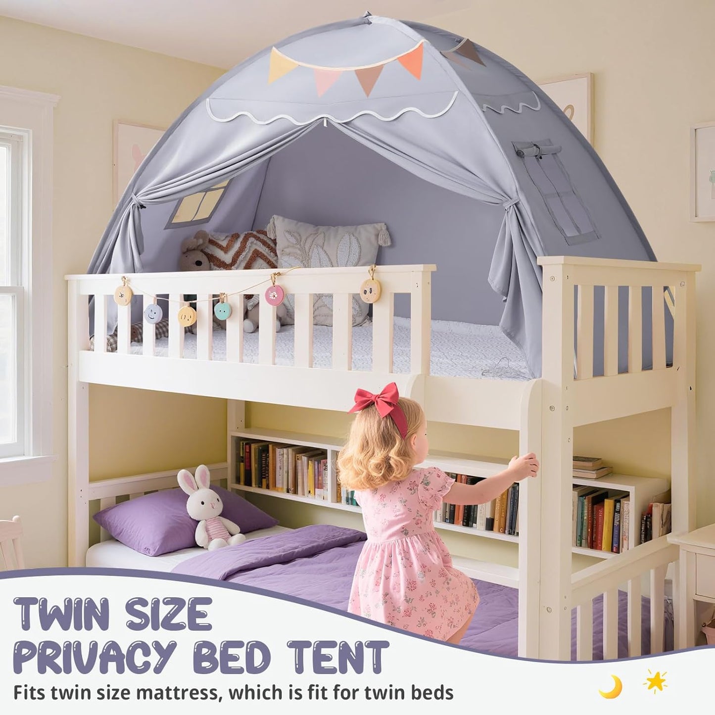 Sumbababy Toddler Bed Tent Canopy: Lights & Flags Indoor Floor Bed Kids Tent Playhouse - Foldable Twin Bunk Bed Curtains - Girls & Boys Bedroom Privacy Space Sleeping Tents Gifts