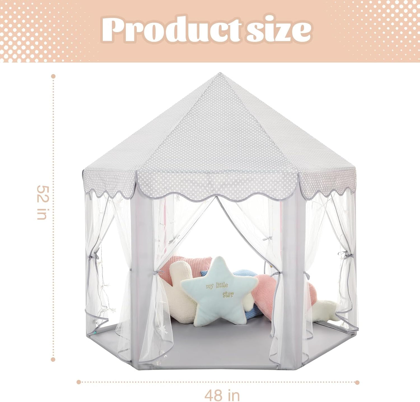 Princess Castle Tent for Girls Fairy Play Tents for Kids Blue Hexagon Playhouse with Fairy Star Lights Toys for Children or Toddlers Indoor or Outdoor Games (Grey Princess Tent)