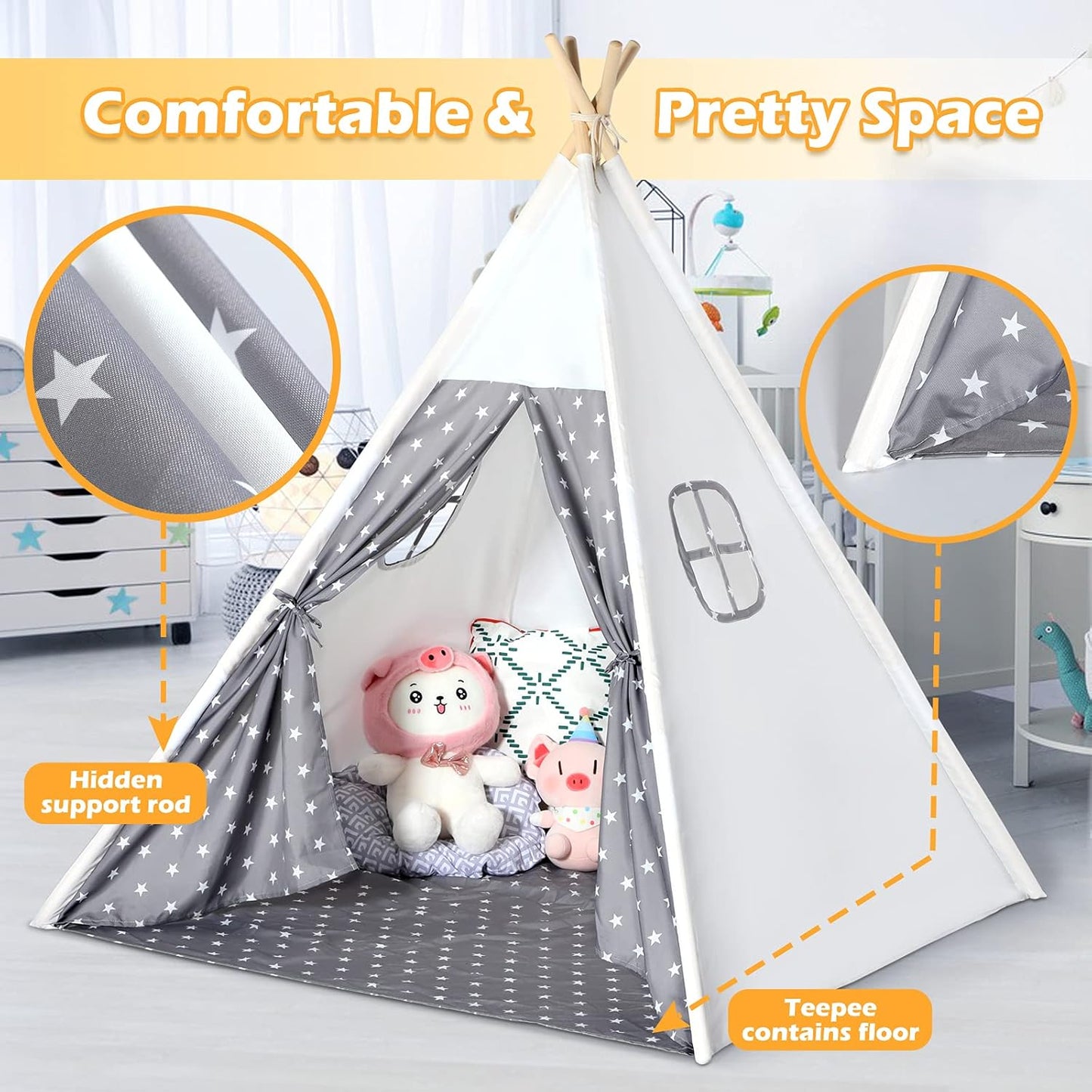 Sumbababy Teepee Tent for Kids with Stars Design Kids Play Tent Gifts Toy for for Toddlers Indoor and Outdoor Games, Girls & Boys Toys Playhouse
