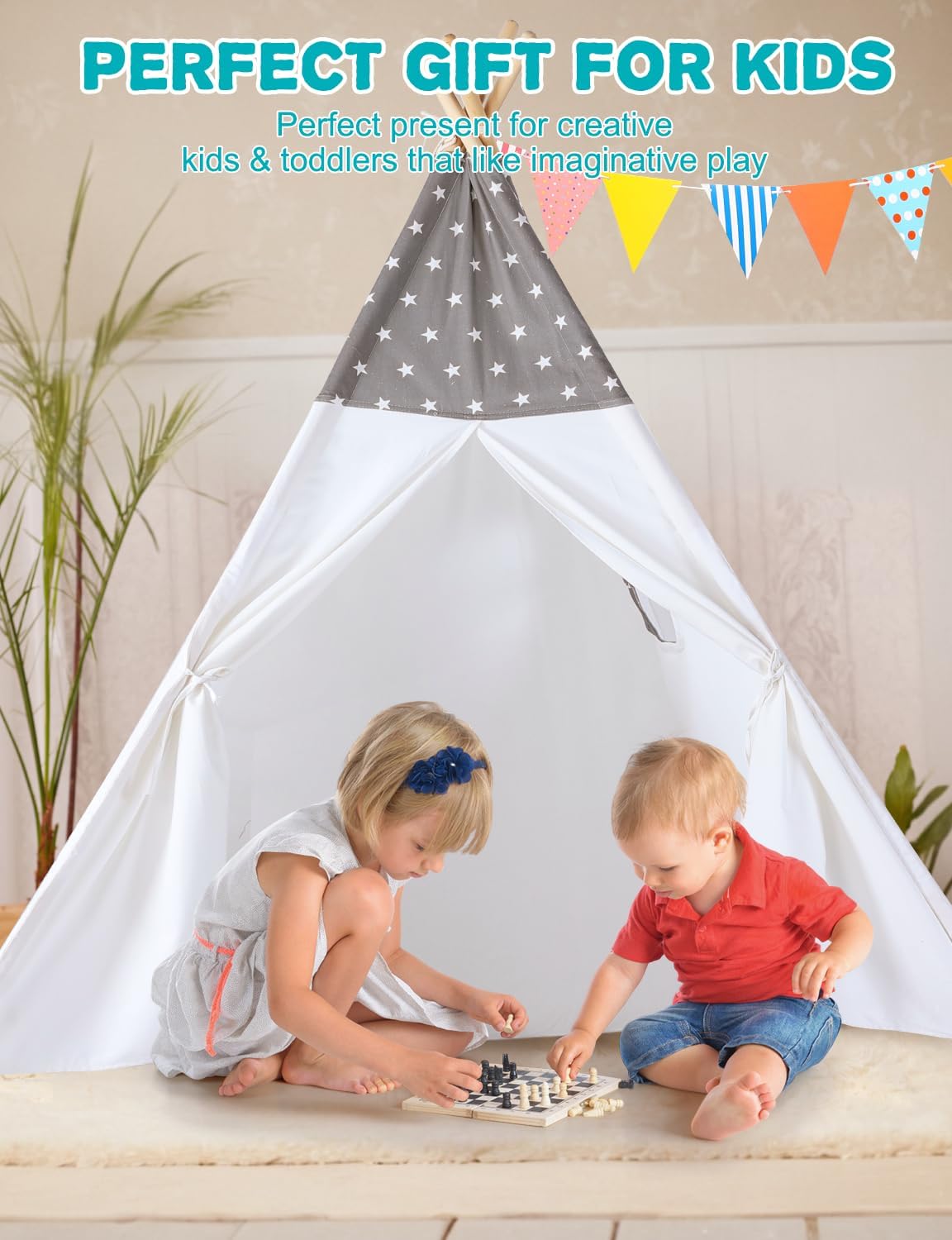 Sumbababy Teepee Tent for Kids Slumber Party - Cotton Canvas Foldable Kids Tent Indoor with Light & Flag Play House Outdoor - Toddler Tipi Playroom for Girls Gift Toys - Tee Pee Tents(Stars Design)