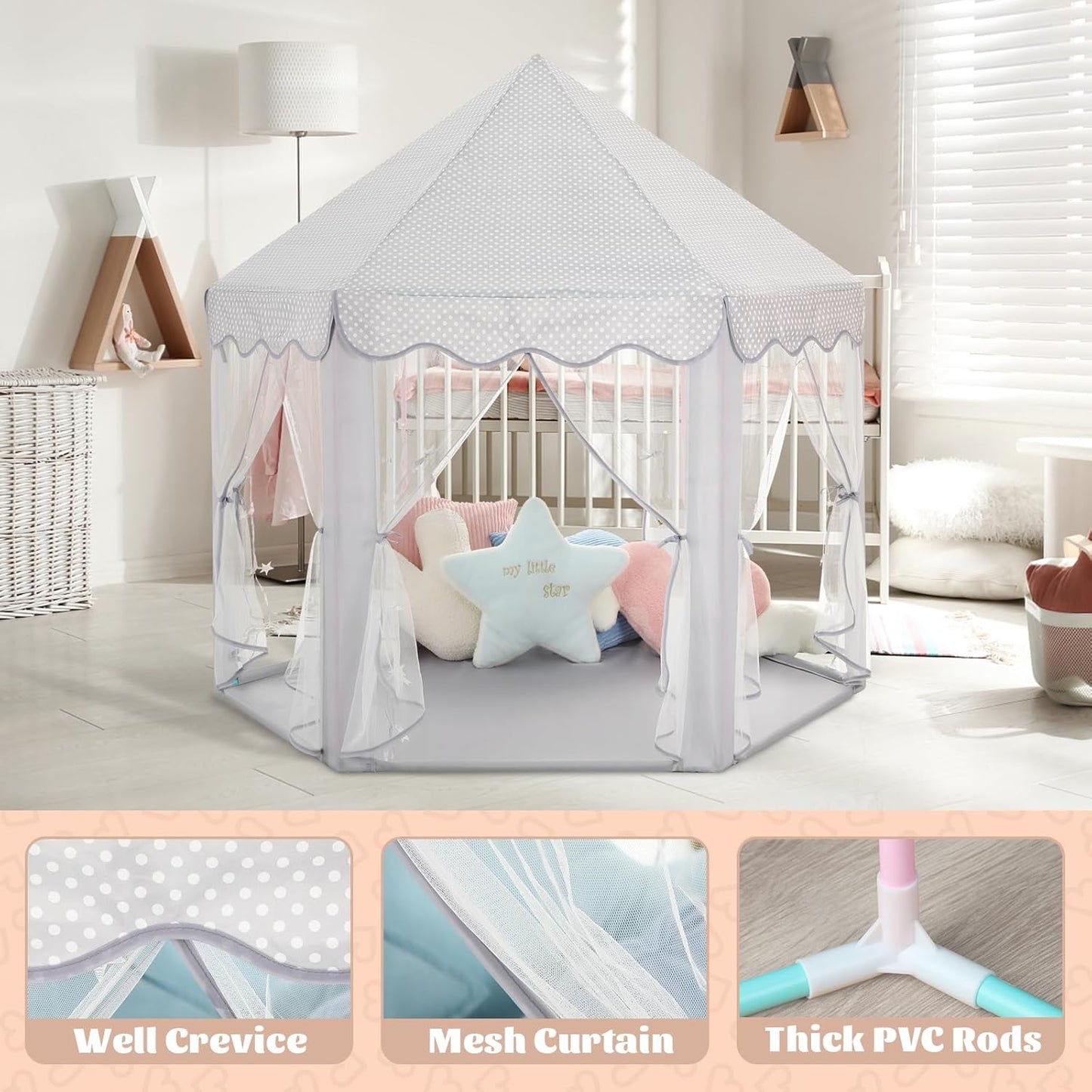 Princess Castle Tent for Girls Fairy Play Tents for Kids Blue Hexagon Playhouse with Fairy Star Lights Toys for Children or Toddlers Indoor or Outdoor Games (Grey Princess Tent)