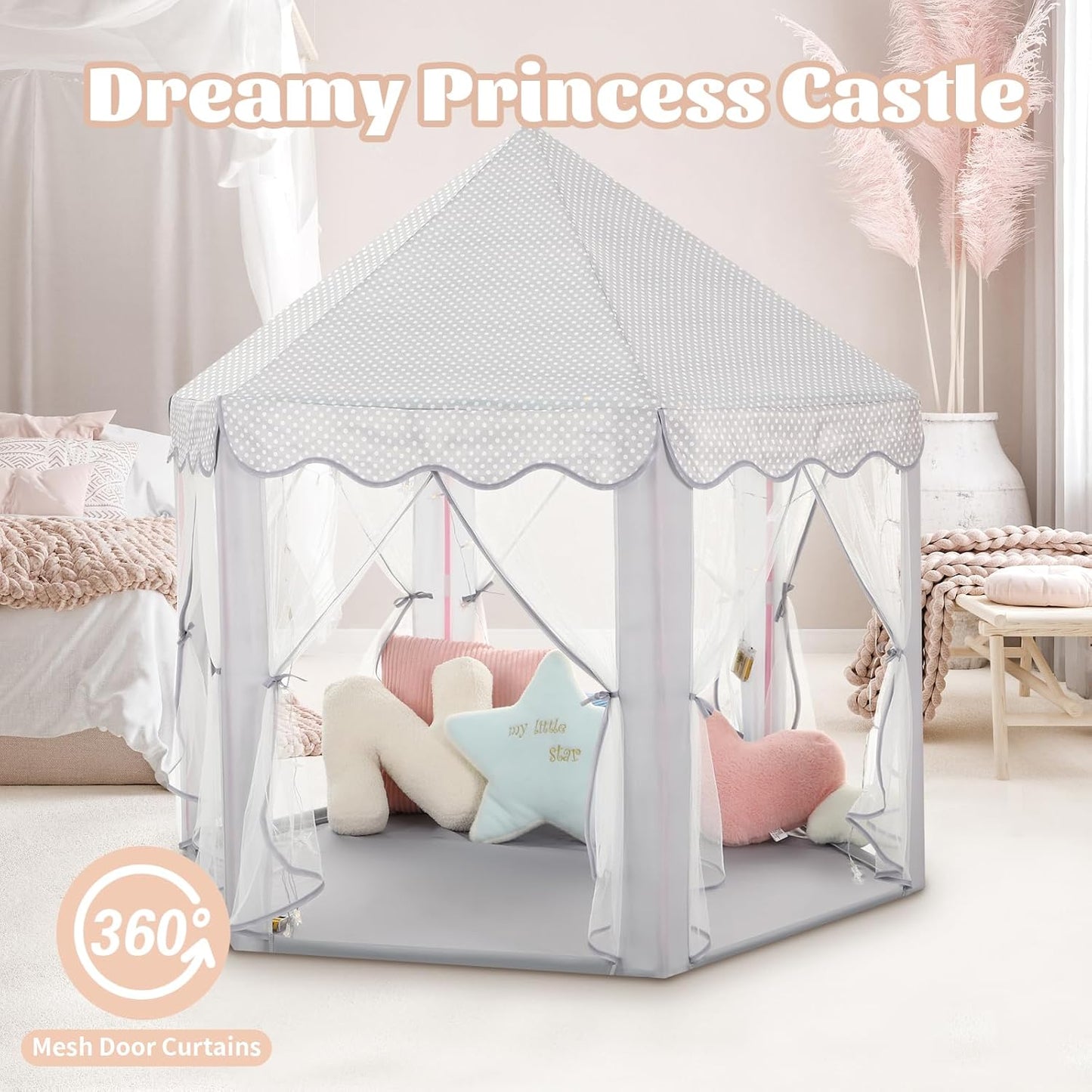 Princess Castle Tent for Girls Fairy Play Tents for Kids Blue Hexagon Playhouse with Fairy Star Lights Toys for Children or Toddlers Indoor or Outdoor Games (Grey Princess Tent)