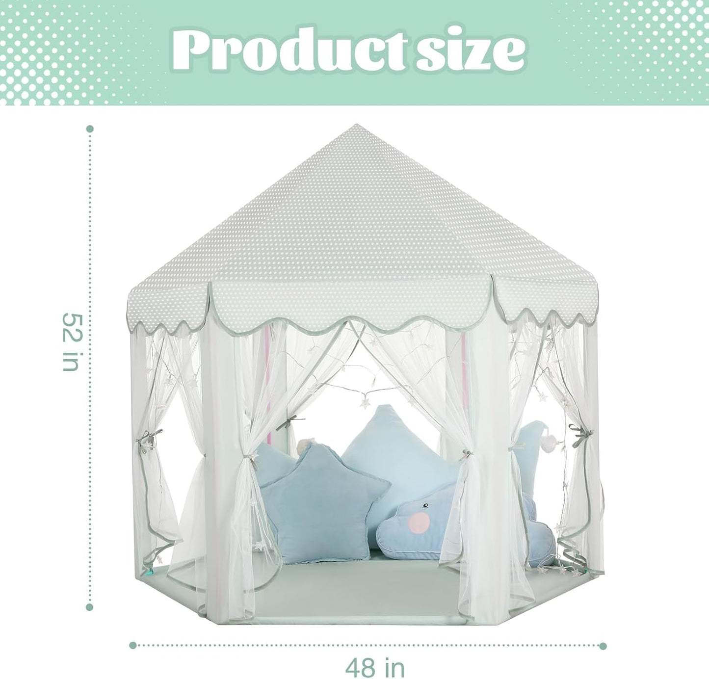 Princess Castle Tent for Girls Fairy Play Tents for Kids Blue Hexagon Playhouse with Fairy Star Lights Toys for Children or Toddlers Indoor or Outdoor Games (Green Princess Tent)