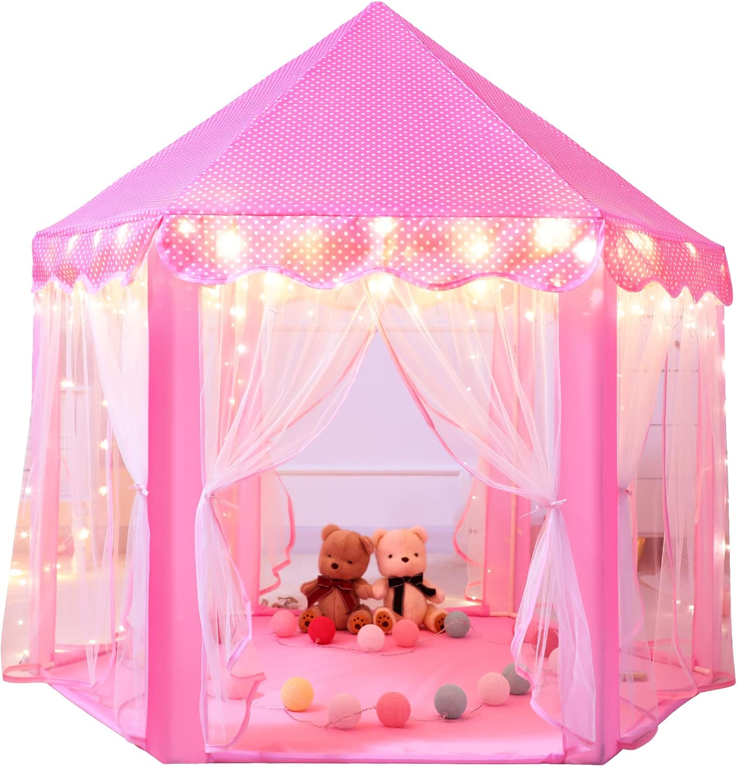 Sumbababy Princess Castle Tent for Girls Fairy Play Tents for Kids Hexagon Playhouse with Fairy Star Lights Toys for Children or Toddlers Indoor or Outdoor Games (Pink)