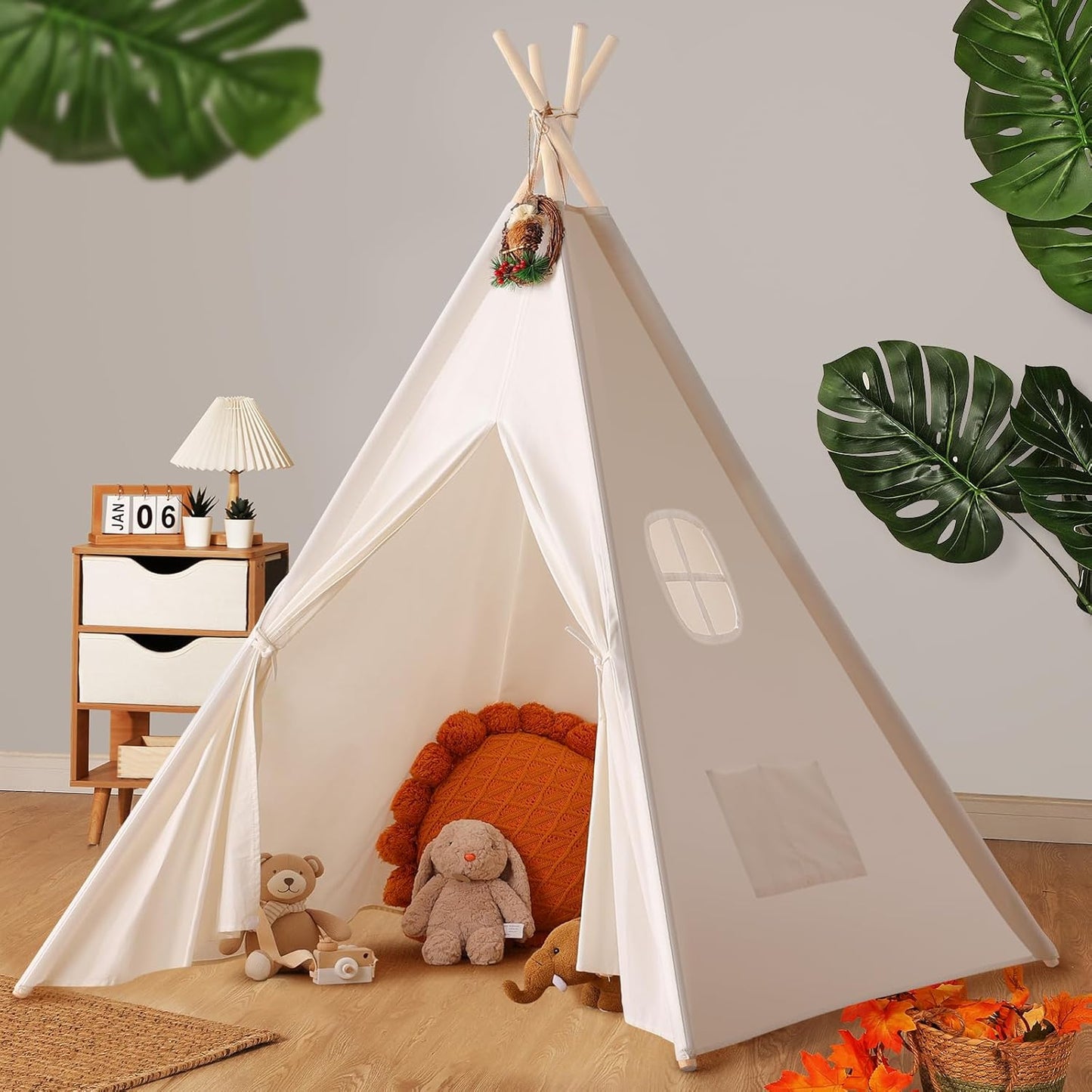 Sumbababy Teepee Tent for Kids with Carry Case, Natural Canvas Teepee Play Tent, Toys for Girls/Boys Indoor & Outdoor Playing (White Teepee Tent)