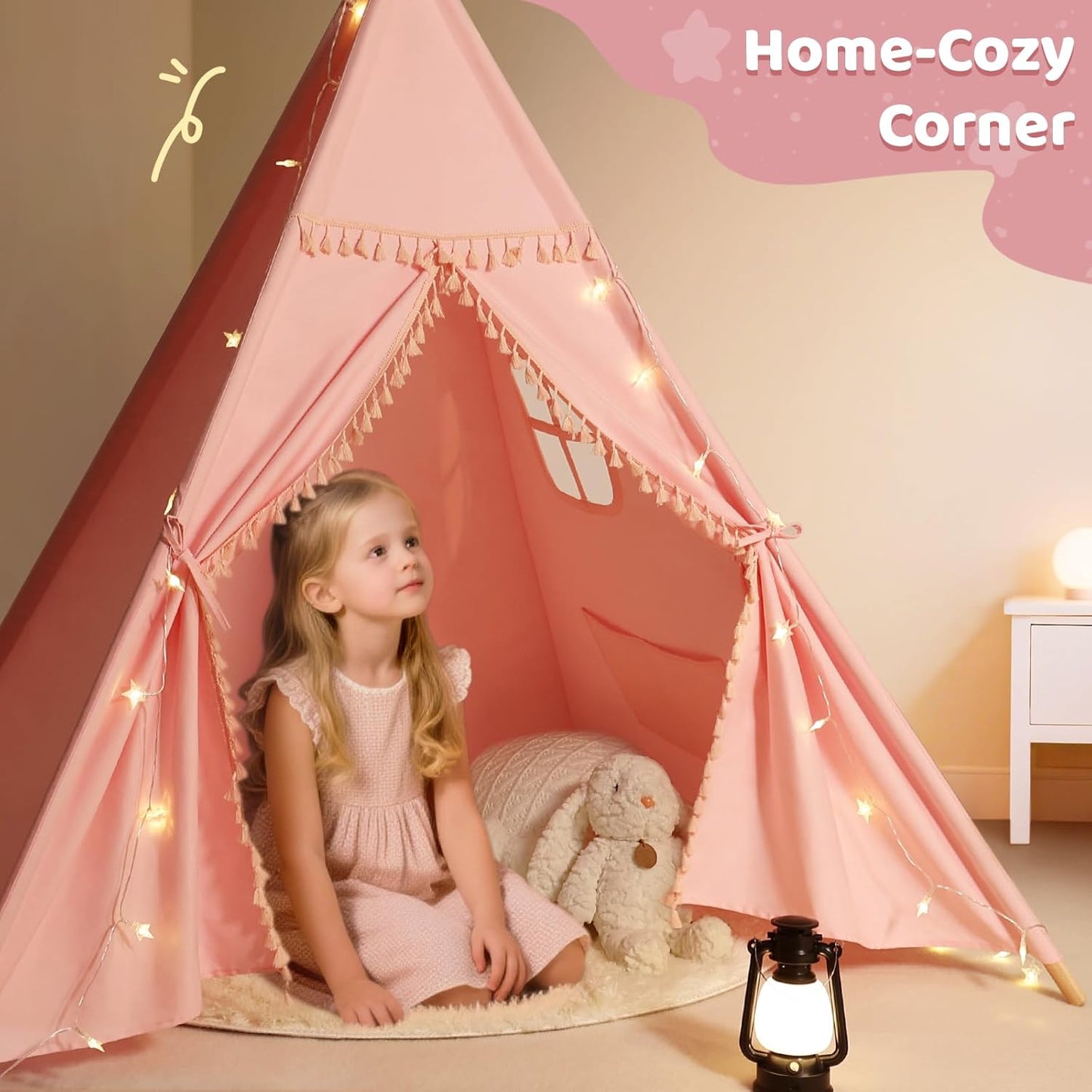Sumbababy Teepee Tent for Kids Indoor – Cotton Canvas Play Tent with Tassel Trim, Foldable Toddlers Tent for Girls, Ideal Gift with Star Lights, Banner & Carry Bag (Pink)