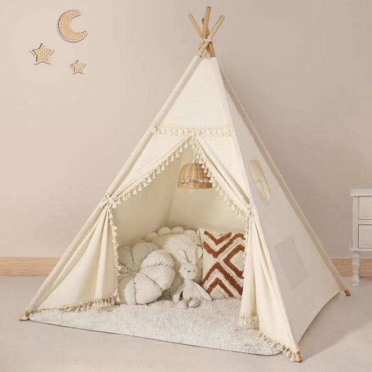 Sumbababy Kids Teepee Tent - Natural Canvas Playhouse with Fringe, Washable Fabric, Tipi Sleepover Tent, Includes Carry Bag, Lights & Colorful Flags - Perfect for Indoor & Outdoor Fun