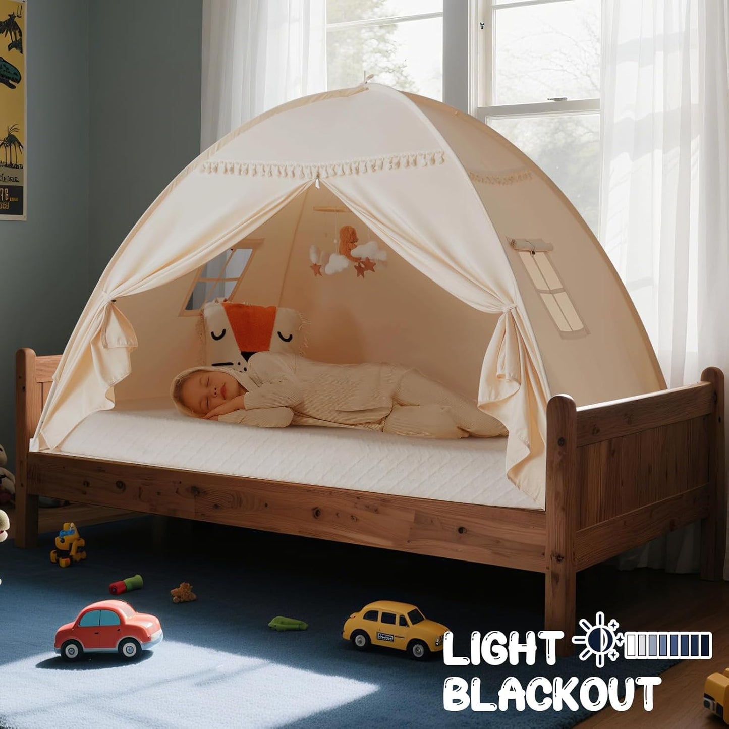 Full Size bed Tent Canopy: Lights & Flags Indoor Floor Bed Kids Tent PlayHouse - Portable & Foldable Twin Bunk bed Curtains - Large Size Girls & Boys House Bedroom Privacy Space Sleeping Tents Gifts