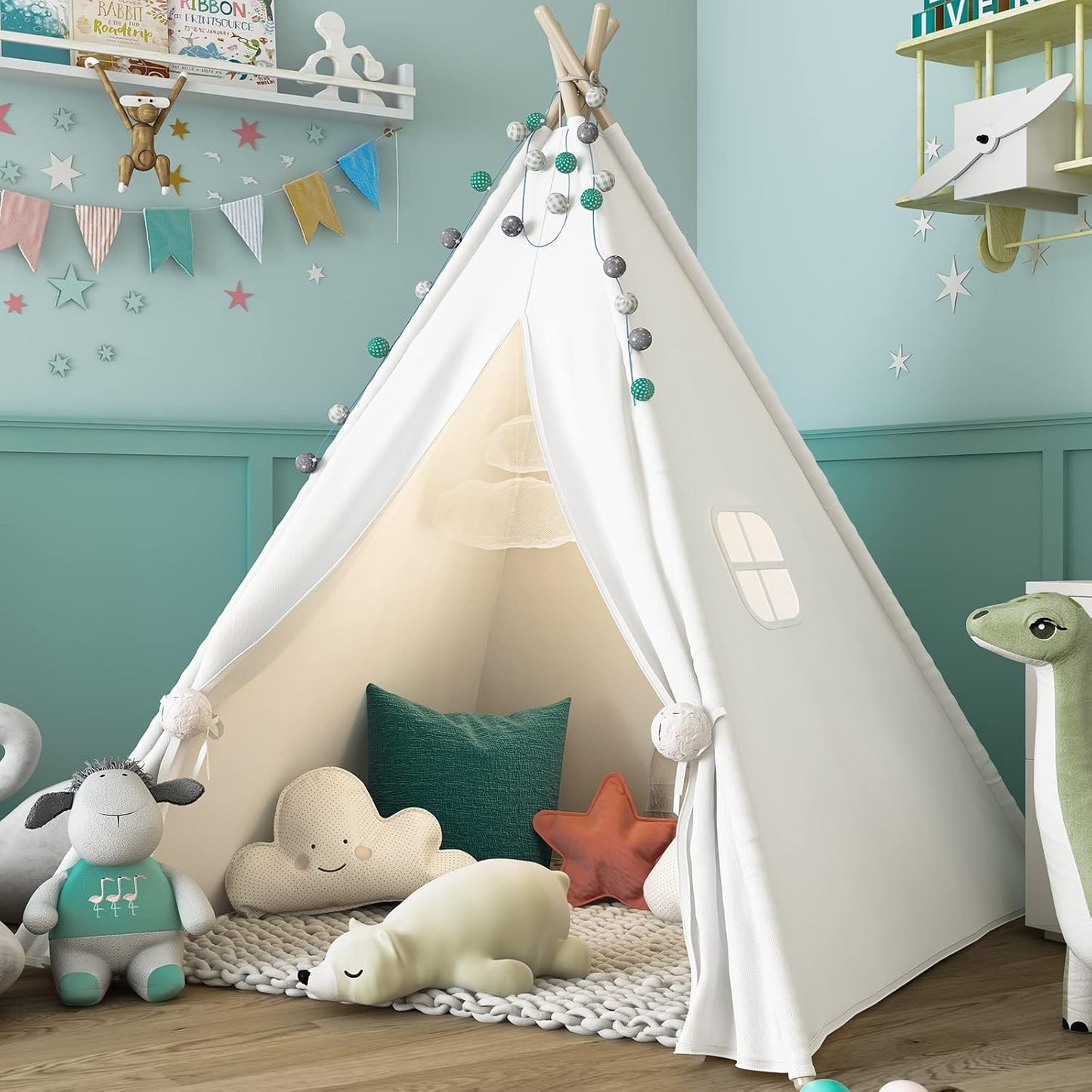 Sumbababy Teepee Tent for Kids Indoor - Natural Canvas Kids Play Tent - Washable Tipi Sleepover Tents with Lights & Carry Bag, Outdoor Toddler Tents for Girls & Boys - Foldable Playroom Gift Toys
