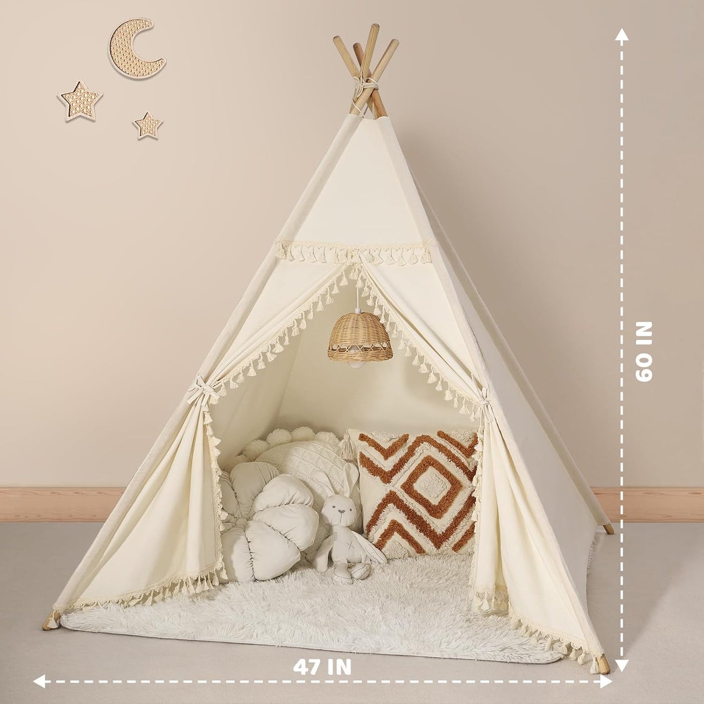 Sumbababy Kids Teepee Tent - Natural Canvas Playhouse with Fringe, Washable Fabric, Tipi Sleepover Tent, Includes Carry Bag, Lights & Colorful Flags - Perfect for Indoor & Outdoor Fun