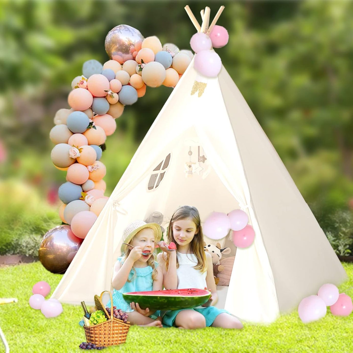 Sumbababy Teepee Tent for Kids with Carry Case, Natural Canvas Teepee Play Tent, Toys for Girls/Boys Indoor & Outdoor Playing (Teepee Tent with mat)