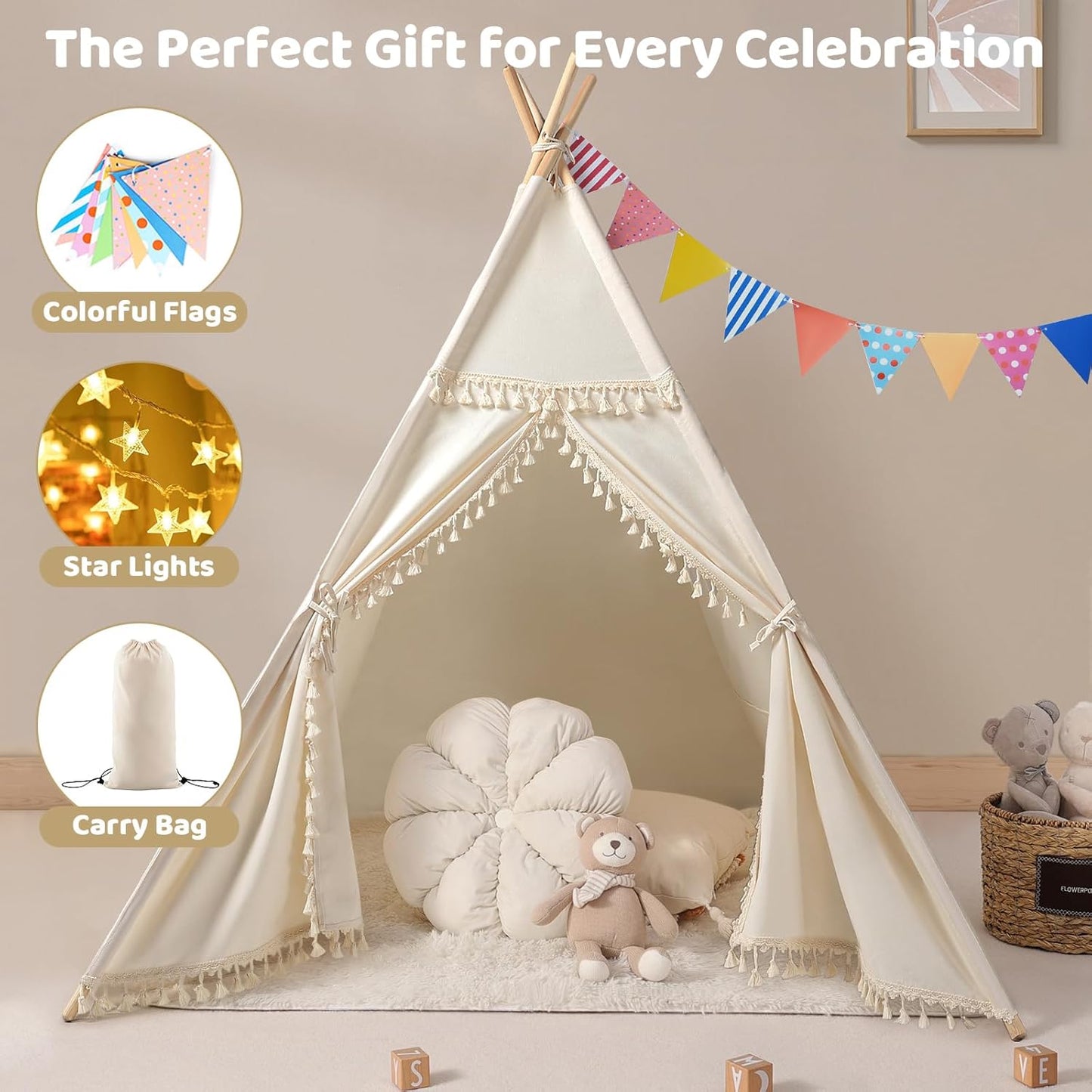 Sumbababy Kids Teepee Tent - Natural Canvas Playhouse with Fringe, Washable Fabric, Tipi Sleepover Tent, Includes Carry Bag, Lights & Colorful Flags - Perfect for Indoor & Outdoor Fun