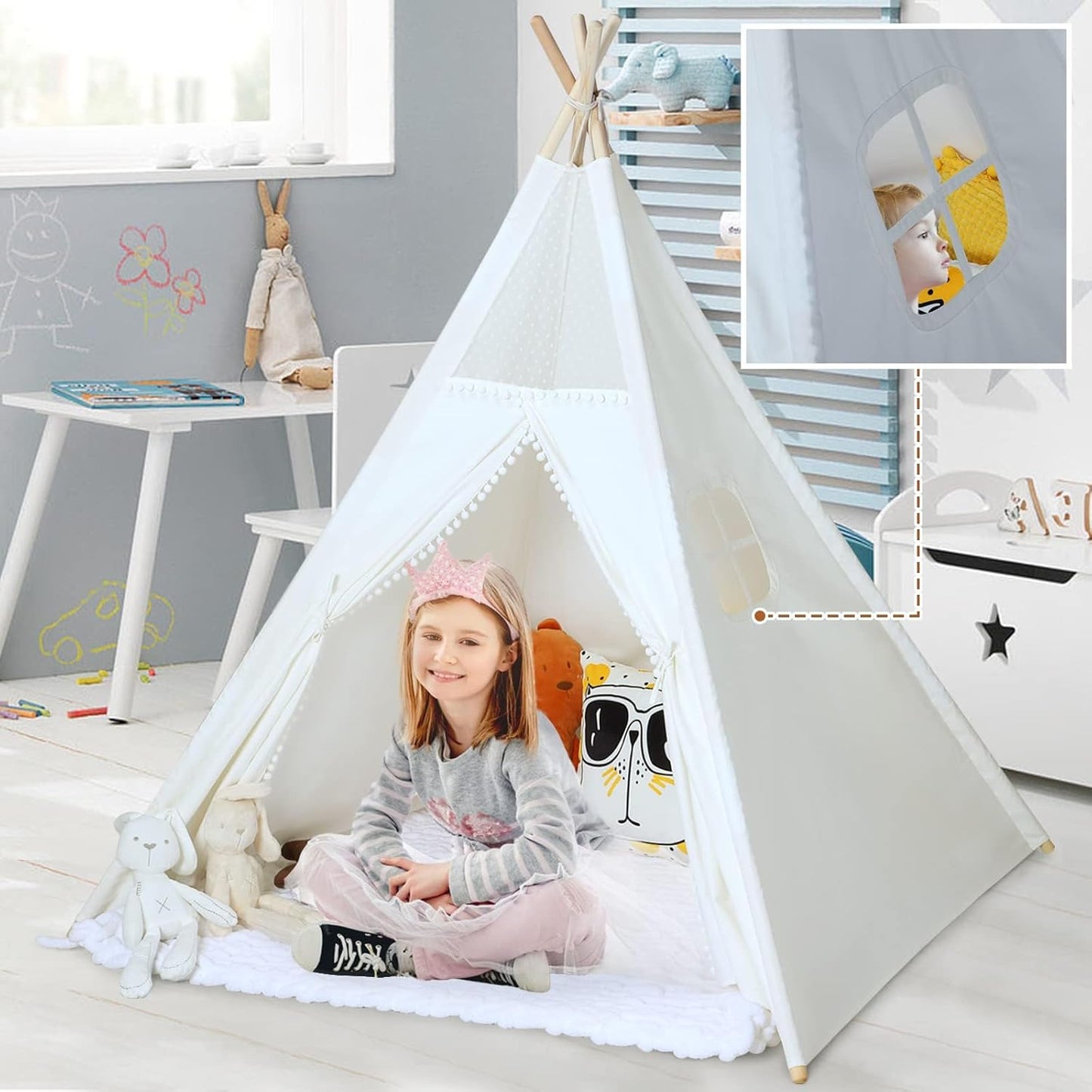 Sumbababy Kids Teepee Tent for Toddlers Indoor- Play Tents for Girls & Boys Slumber Party - Washable Tipi Sleepover Tent Kid Boho Toddler Tents with Lights & Carry Bag - Foldable Outdoor Gift Toys