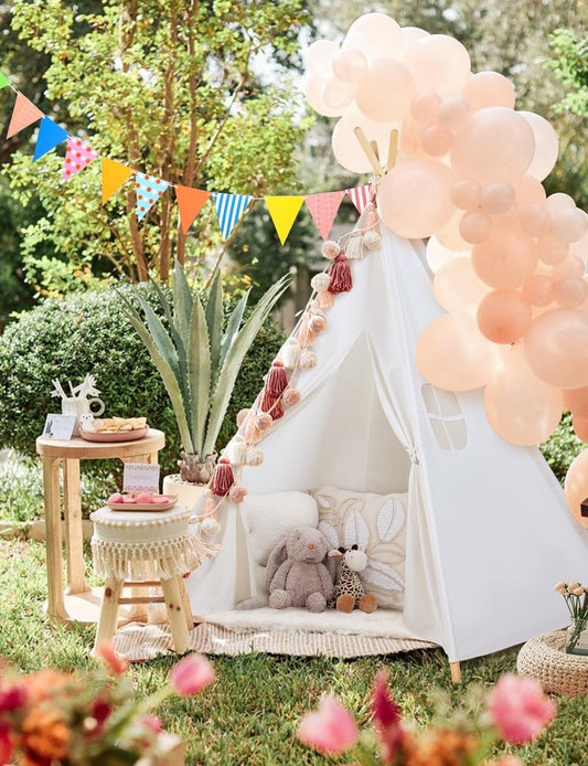 Sumbababy Teepee Tent for Kids Tipi Tent Indoor - Cotton Canvas Kid Tents for Inside with Light & Flag- Foldable Toddler Play Tents for Girls & Boys Slumber Party - Washable Boho Play House Gift Toys