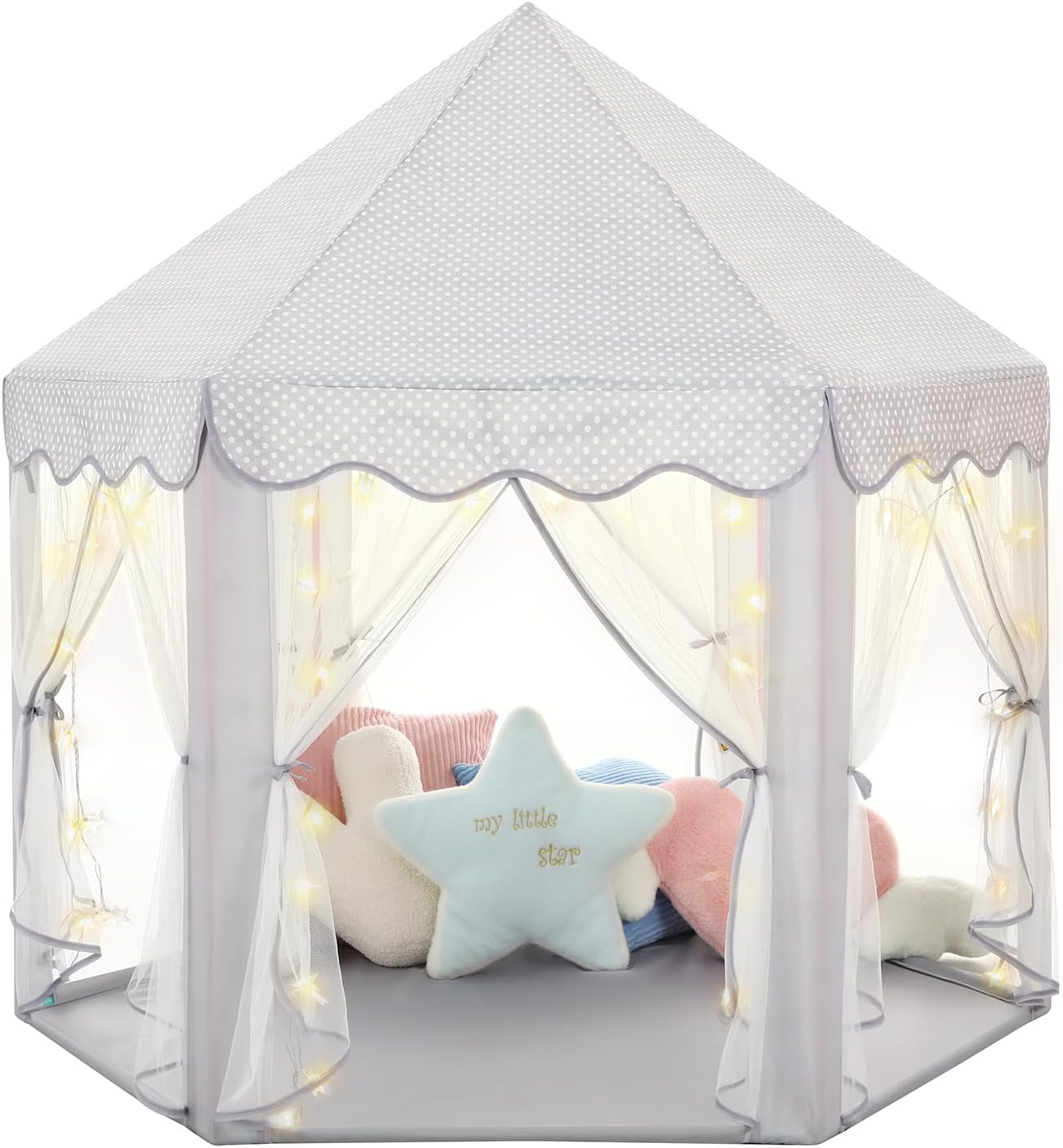 Princess Castle Tent for Girls Fairy Play Tents for Kids Blue Hexagon Playhouse with Fairy Star Lights Toys for Children or Toddlers Indoor or Outdoor Games (Grey Princess Tent)