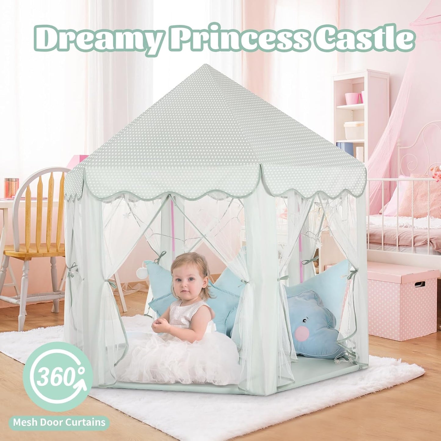 Princess Castle Tent for Girls Fairy Play Tents for Kids Blue Hexagon Playhouse with Fairy Star Lights Toys for Children or Toddlers Indoor or Outdoor Games (Green Princess Tent)