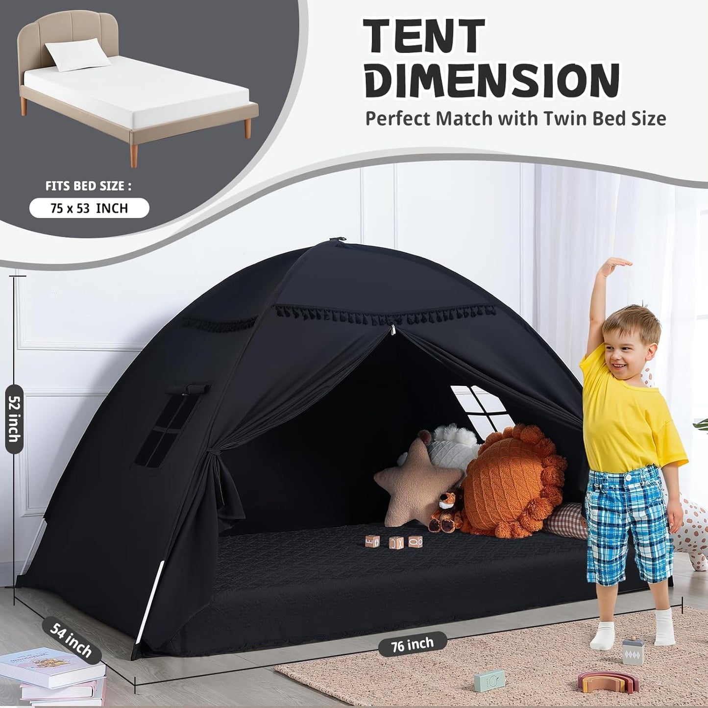 Twins Size Bed Canopy: Lights & Flags Indoor Floor Bed Kids Tent Playhouse - Portable & Foldable Twin Bunk Curtains - Girls & Boys Bedroom Privacy Space Blackout Tents Slumber Gifts (Black) Visit the S