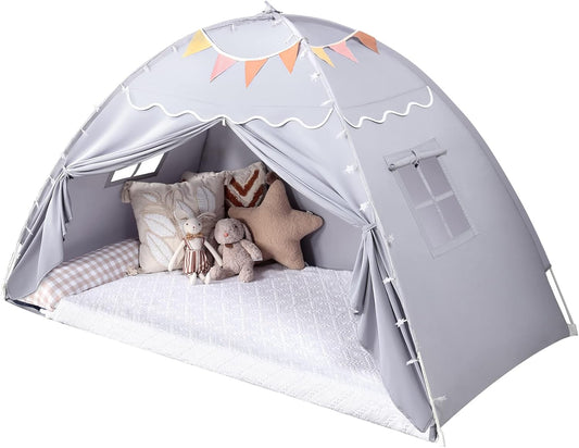 Sumbababy Toddler Bed Tent Canopy: Lights & Flags Indoor Floor Bed Kids Tent Playhouse - Foldable Twin Bunk Bed Curtains - Girls & Boys Bedroom Privacy Space Sleeping Tents Gifts