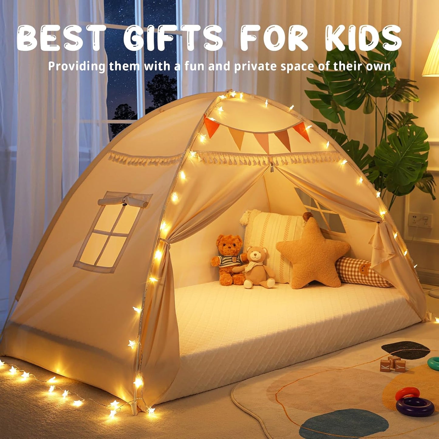Toddler Twin bed Tent Canopy: Lights & Flags Indoor Floor Bed Kids Tent PlayHouse - Portable Twin Bunk bed Curtains - Large Size Girls & Boys House Bedroom Privacy Space Sleeping Tents Gifts