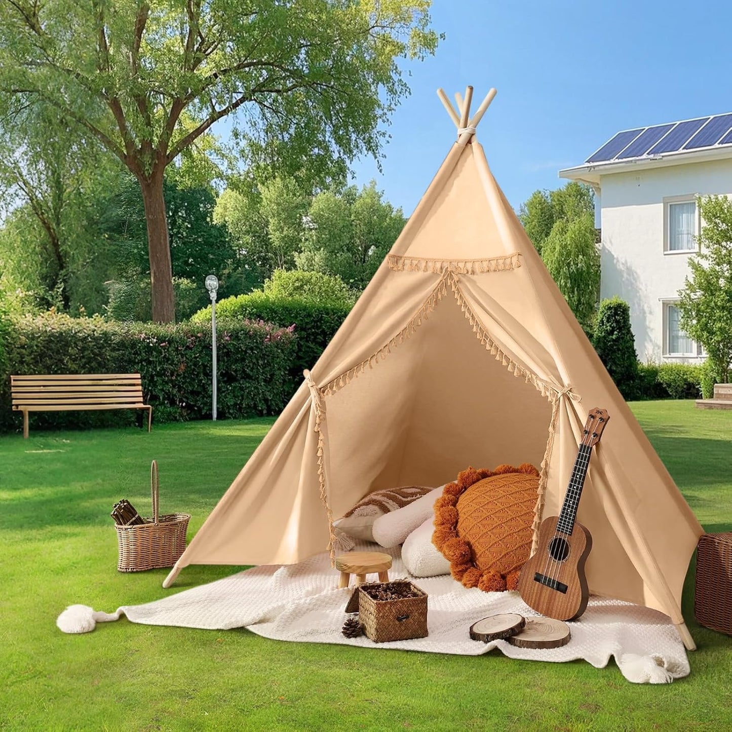 Sumbababy Teepee Tent for Kids Indoor – Cotton Canvas Play Tent with Tassel Trim, Foldable Toddlers Tent for Boys, Ideal Gift with Star Lights, Banner & Carry Bag (Khaki)