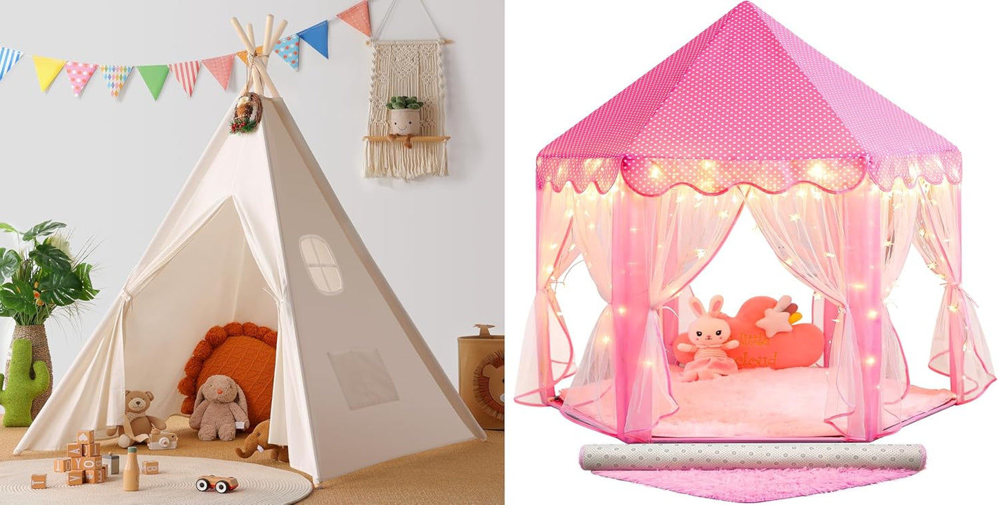 Sumbababy White Teepee Tent for Kids and Pink Princess Tent with Mat for Toddlers, Gifts Toys for Girls & Boys Indoor & Outdoor Playhouse