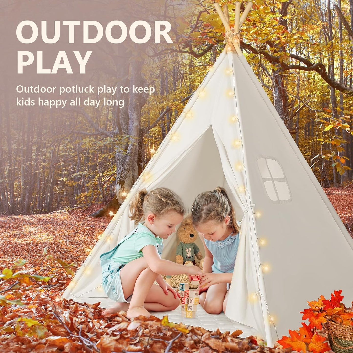 Sumbababy Teepee Tent for Kids Tent Indoor with Mat - Cotton Canvas White Toddler Tee Pee Tents Play House- Collapsible Tents for Slumber Party - Washable Tipi Boho Bedroom Gift Toys for Girls & Boys