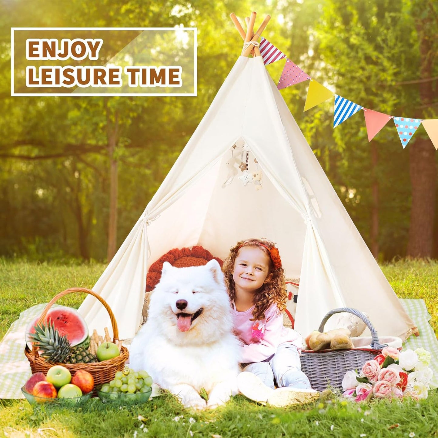 Sumbababy Teepee Tent for Kids Indoor - Natural Canvas Kids Play Tent - Washable Tipi Sleepover Tents with Lights & Carry Bag, Outdoor Toddler Tents for Girls & Boys - Foldable Playroom Gift Toys
