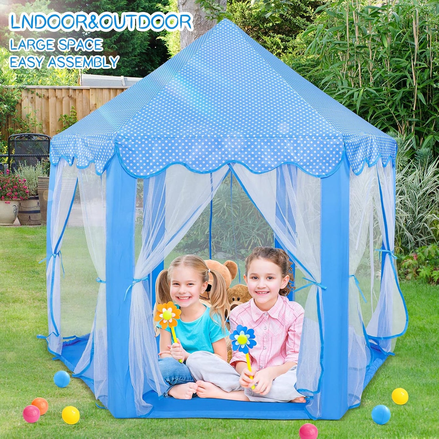 Sumbababy Princess Castle Tent for Girls Fairy Play Tents for Kids Blue Hexagon Playhouse with Fairy Star Lights Toys for Children or Toddlers Indoor or Outdoor Games (Blue Princess Tent)