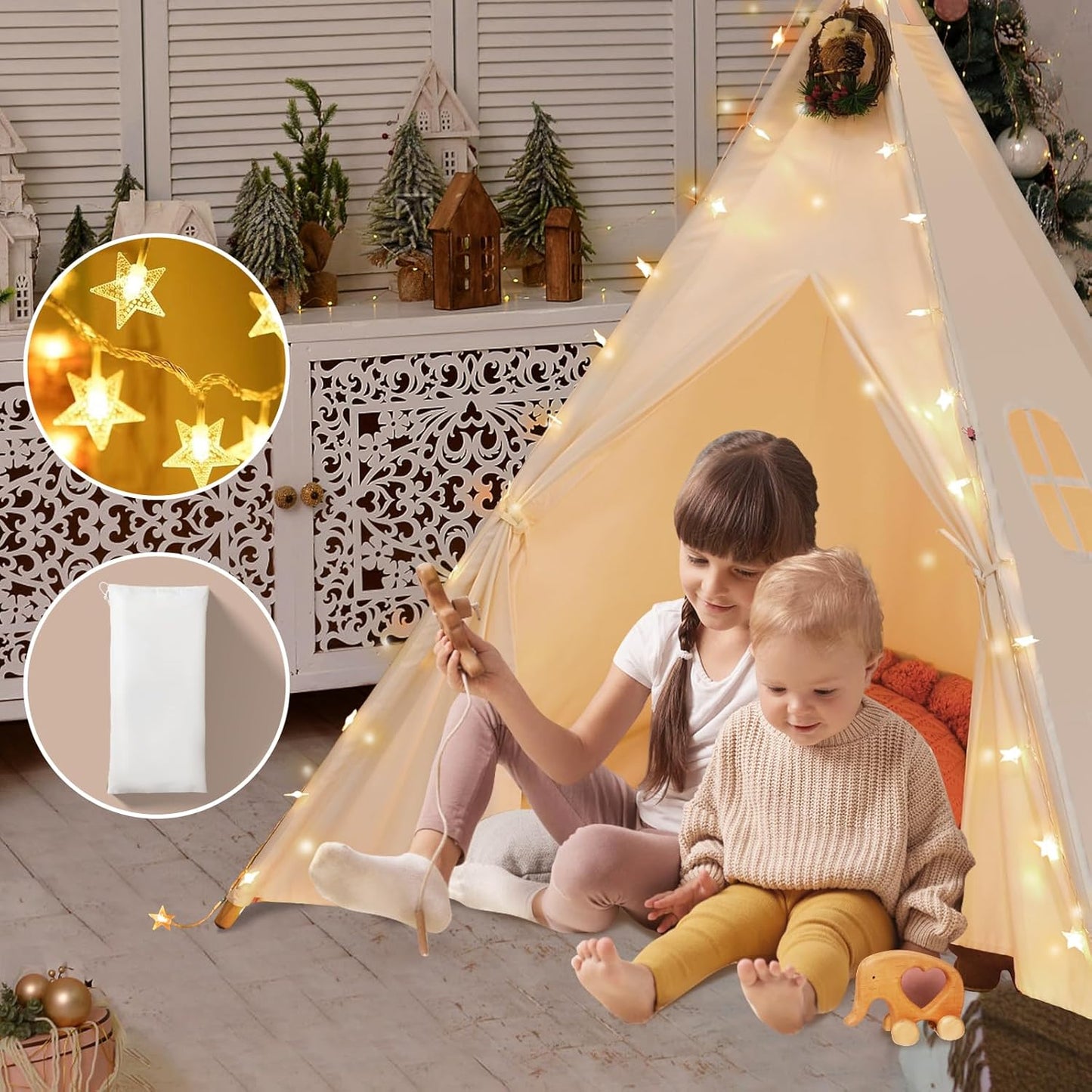 Sumbababy Teepee Tent for Kids with Carry Case, Natural Canvas Teepee Play Tent, Toys for Girls/Boys Indoor & Outdoor Playing (White Teepee Tent)