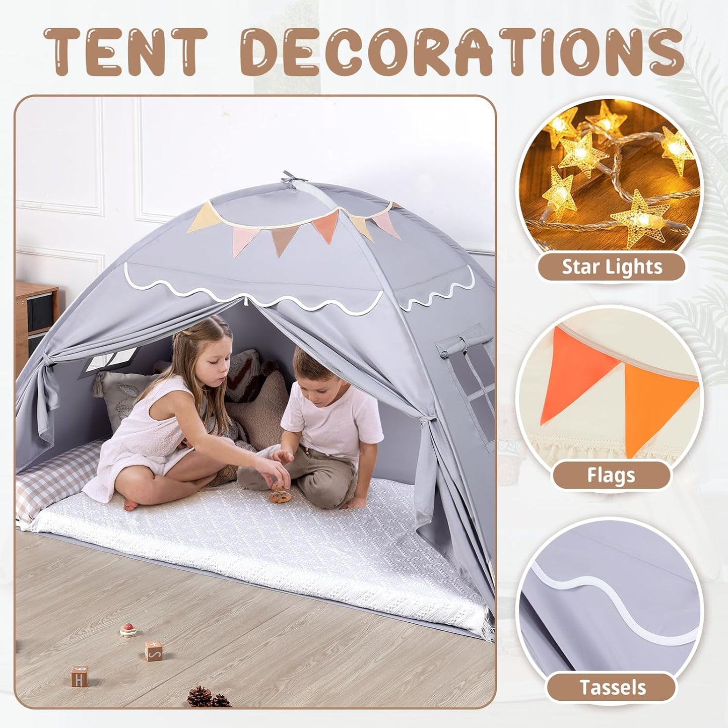 Twin Size Bed Canopy: Lights & Flags Indoor Floor Bed Kids Tent Playhouse - Portable & Foldable Twin Bunk Curtains - Girls & Boys Bedroom Privacy Space Blackout Tents Slumber