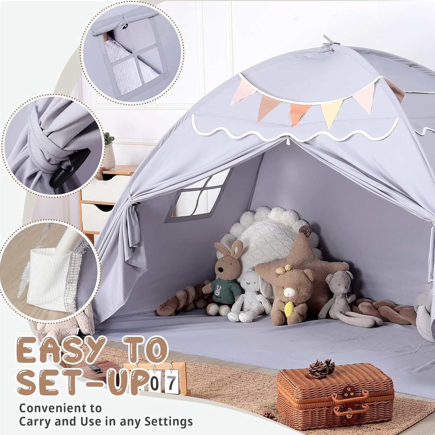 Toddler Twin bed Tent Canopy: Lights & Flags Indoor Floor Bed Kids Tent PlayHouse - Portable Twin Bunk bed Curtains - Large Size Girls & Boys House Bedroom Privacy Space Sleeping Tents Gifts