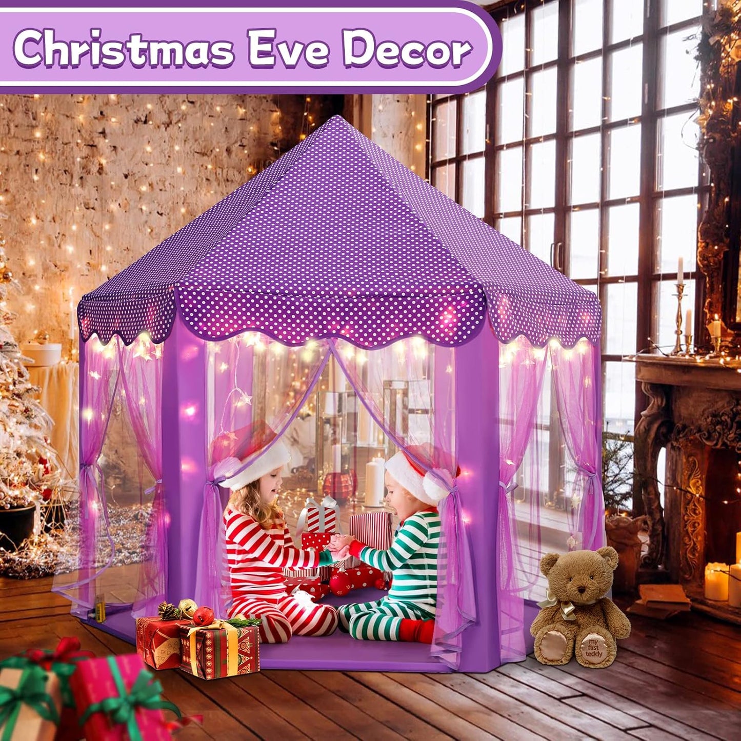 Purple Princess Castle Tent for Girls with Fairy Star Lights Play Tents for Kids Hexagon Playhouse Fairy Toys for Children or Toddlers Indoor or Outdoor Games