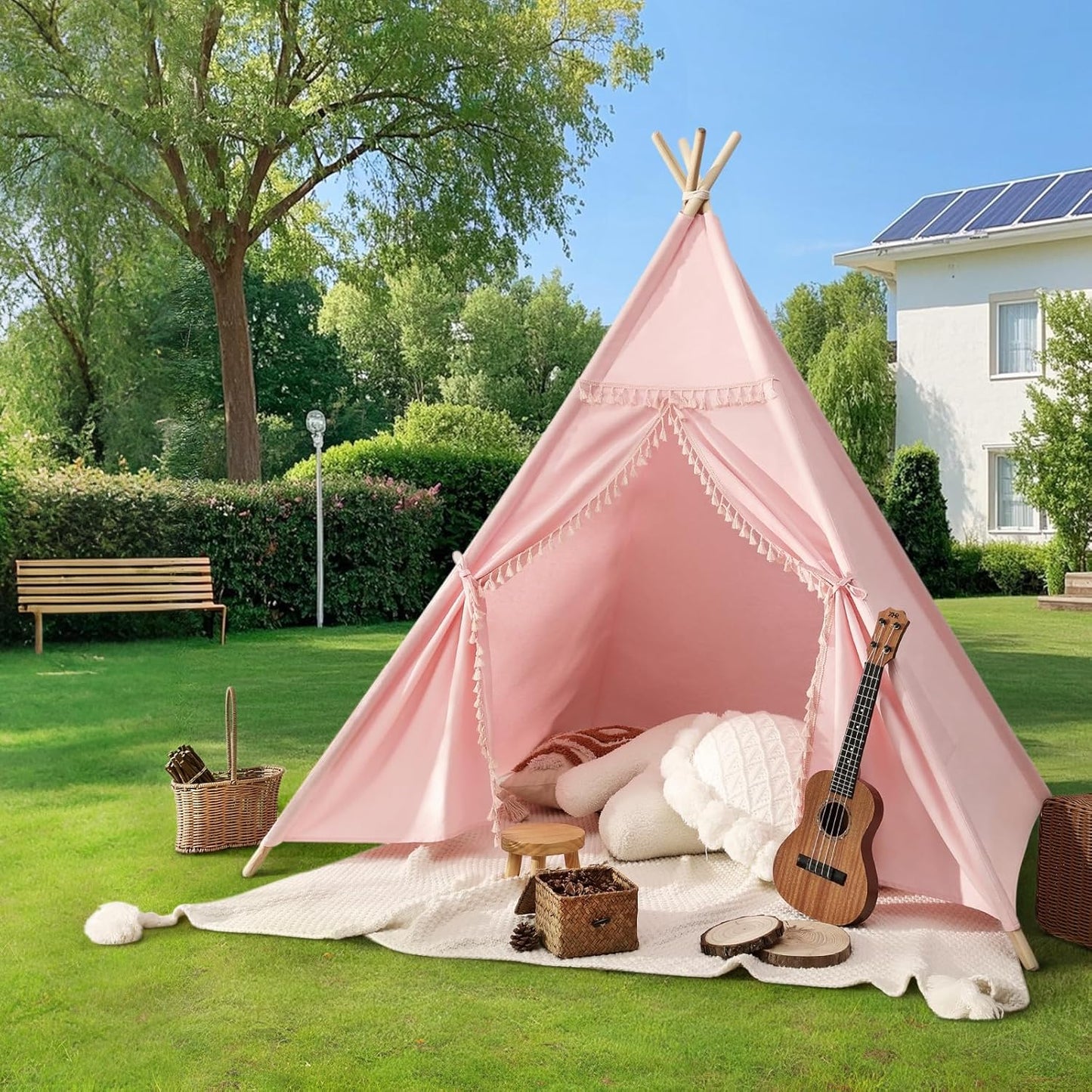 Sumbababy Teepee Tent for Kids Indoor – Cotton Canvas Play Tent with Tassel Trim, Foldable Toddlers Tent for Girls, Ideal Gift with Star Lights, Banner & Carry Bag (Pink)