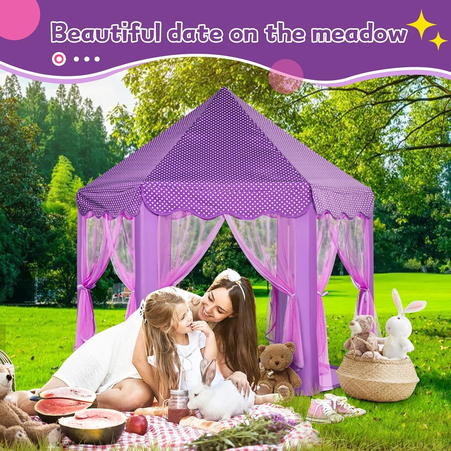 Purple Princess Castle Tent for Girls with Fairy Star Lights Play Tents for Kids Hexagon Playhouse Fairy Toys for Children or Toddlers Indoor or Outdoor Games