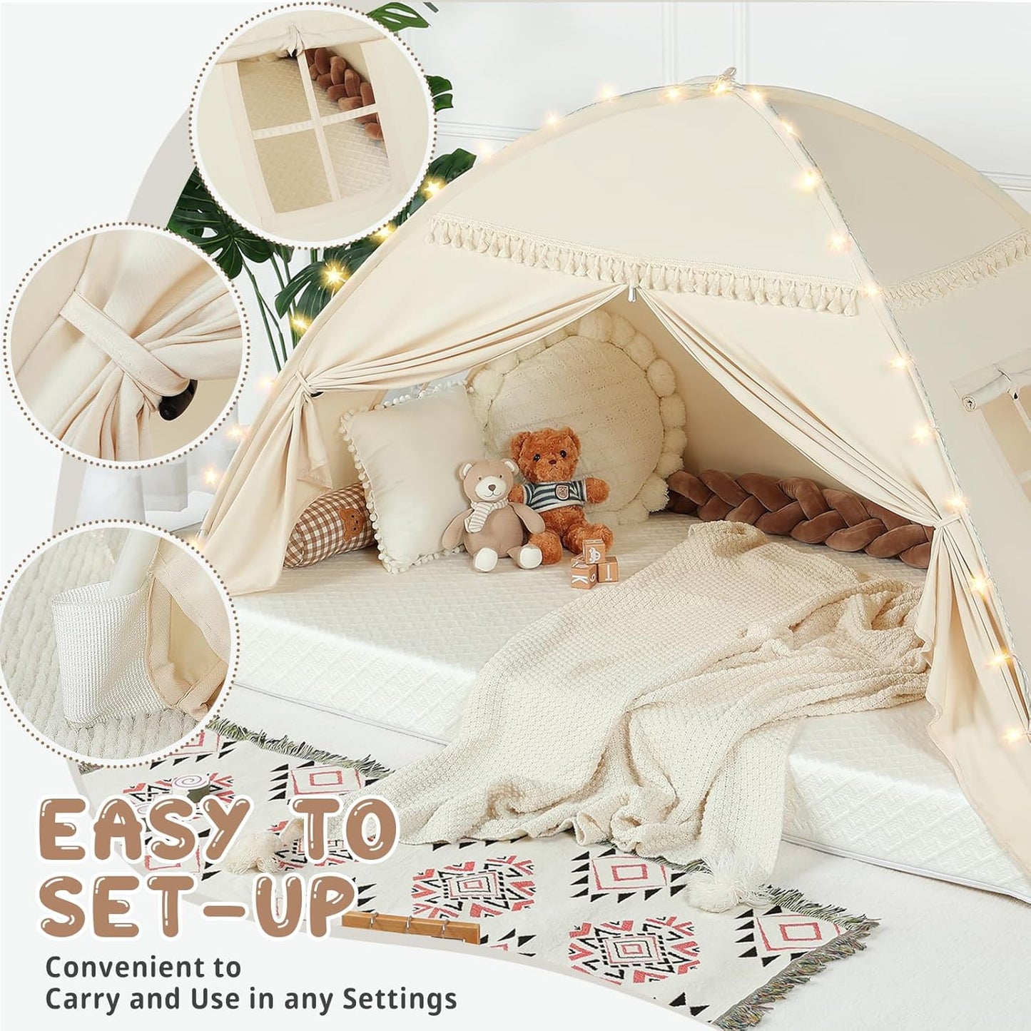 Full Size bed Tent Canopy: Lights & Flags Indoor Floor Bed Kids Tent PlayHouse - Portable & Foldable Twin Bunk bed Curtains - Large Size Girls & Boys House Bedroom Privacy Space Sleeping Tents Gifts