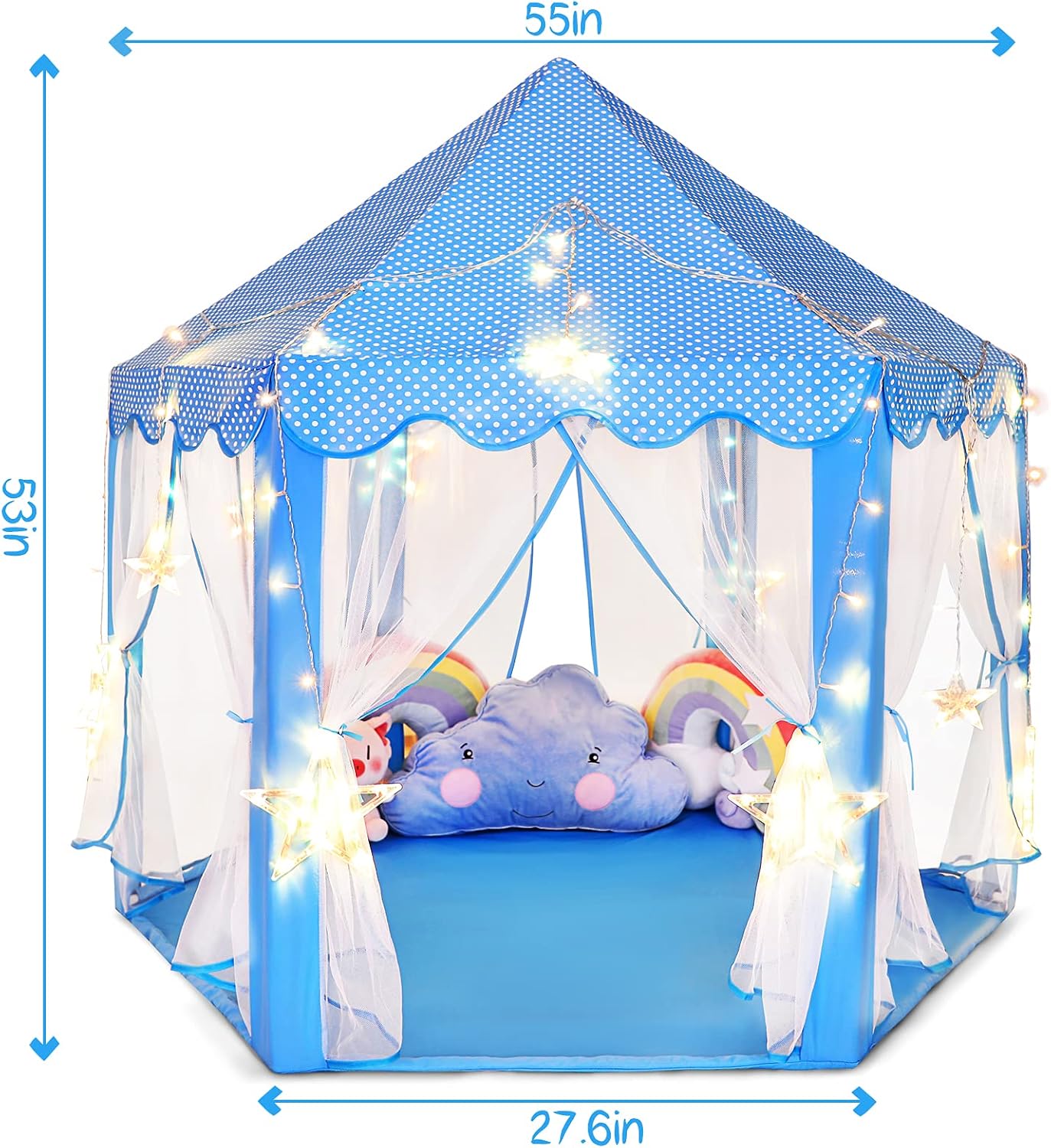 Sumbababy Princess Castle Tent for Girls Fairy Play Tents for Kids Blue Hexagon Playhouse with Fairy Star Lights Toys for Children or Toddlers Indoor or Outdoor Games (Blue Princess Tent)