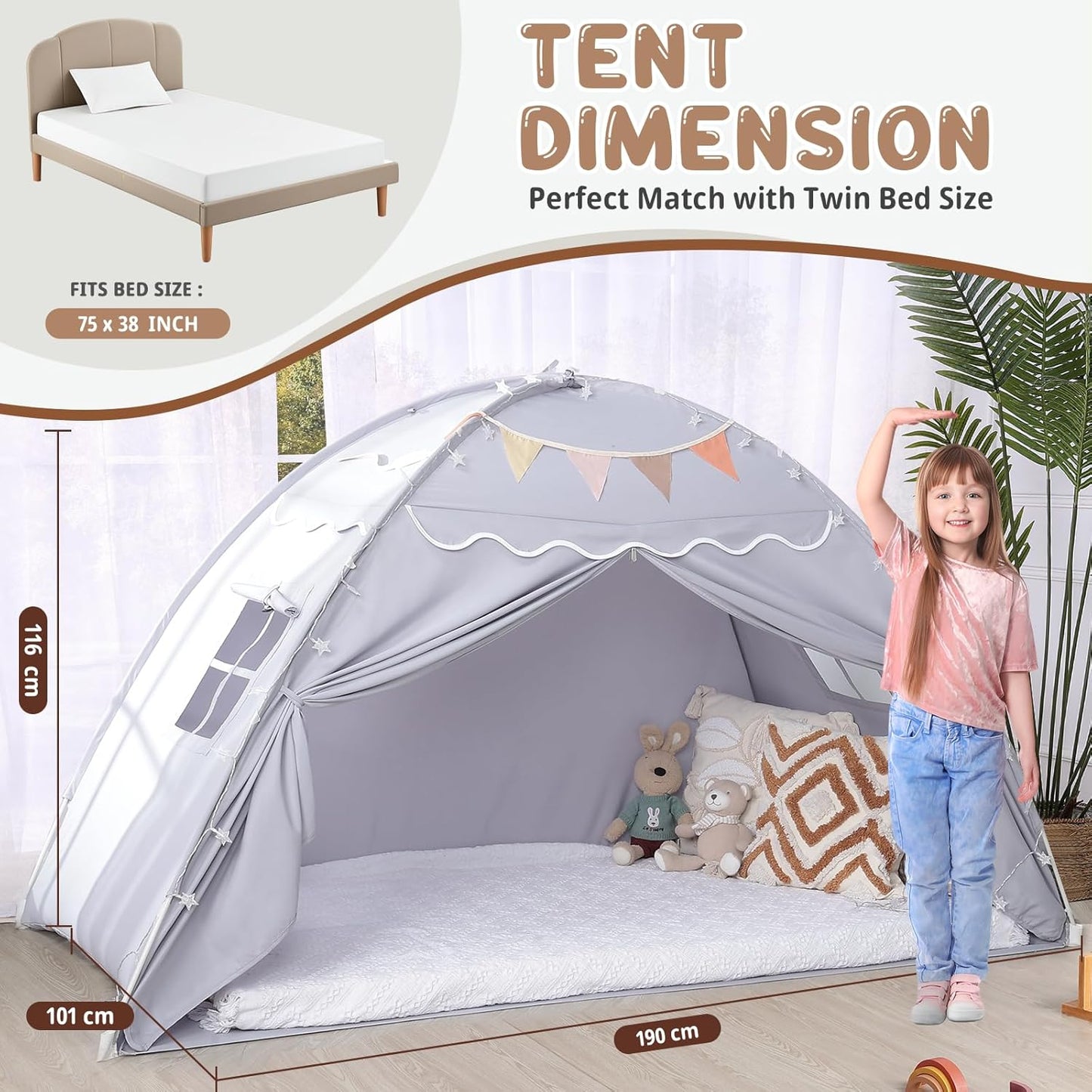 Twin Size Bed Canopy: Lights & Flags Indoor Floor Bed Kids Tent Playhouse - Portable & Foldable Twin Bunk Curtains - Girls & Boys Bedroom Privacy Space Blackout Tents Slumber