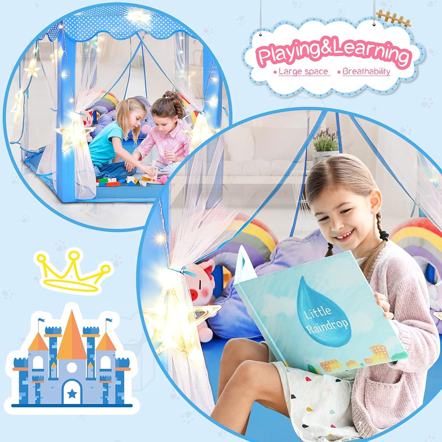 Sumbababy Princess Castle Tent for Girls Fairy Play Tents for Kids Blue Hexagon Playhouse with Fairy Star Lights Toys for Children or Toddlers Indoor or Outdoor Games (Blue Princess Tent)