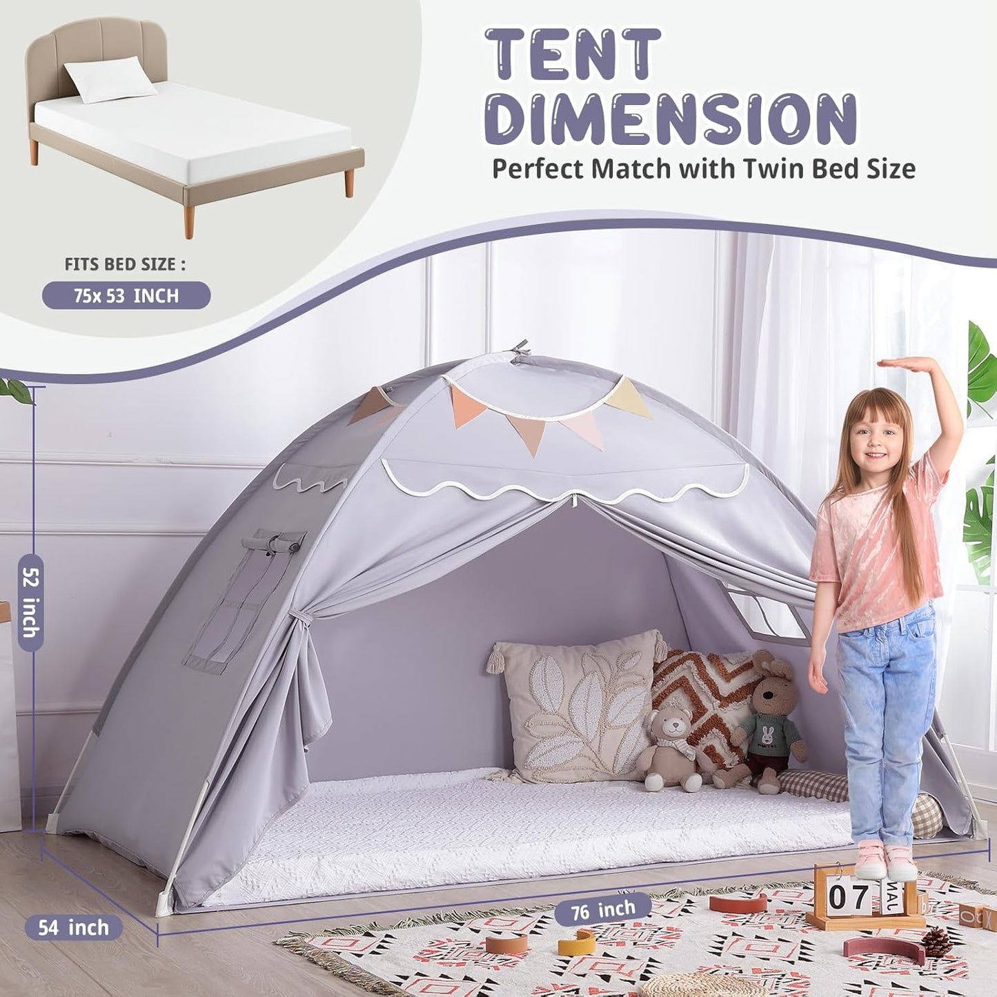 Sumbababy Toddler Bed Tent Canopy: Lights & Flags Indoor Floor Bed Kids Tent Playhouse - Foldable Twin Bunk Bed Curtains - Girls & Boys Bedroom Privacy Space Sleeping Tents Gifts