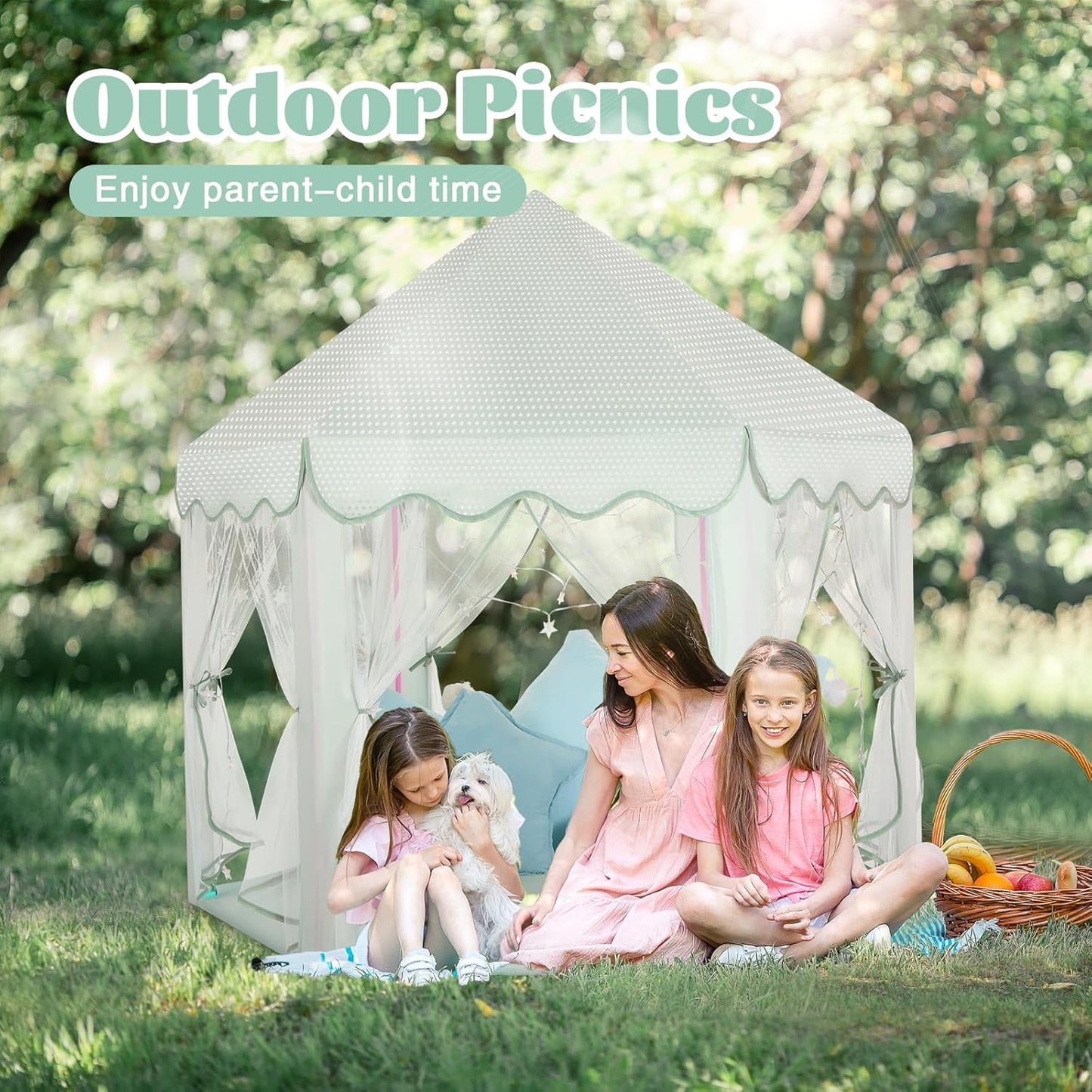 Princess Castle Tent for Girls Fairy Play Tents for Kids Blue Hexagon Playhouse with Fairy Star Lights Toys for Children or Toddlers Indoor or Outdoor Games (Green Princess Tent)