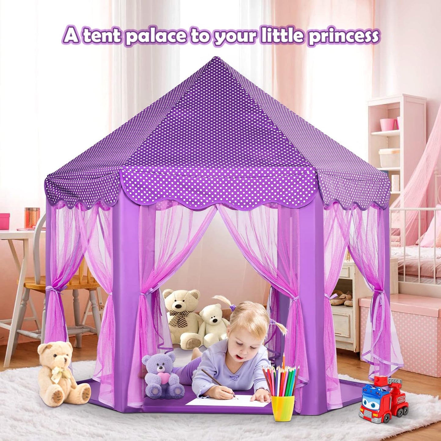 Purple Princess Castle Tent for Girls with Fairy Star Lights Play Tents for Kids Hexagon Playhouse Fairy Toys for Children or Toddlers Indoor or Outdoor Games