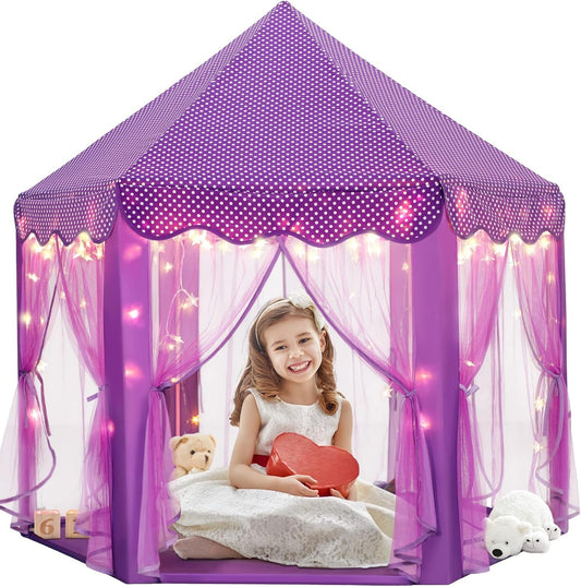 Purple Princess Castle Tent for Girls with Fairy Star Lights Play Tents for Kids Hexagon Playhouse Fairy Toys for Children or Toddlers Indoor or Outdoor Games