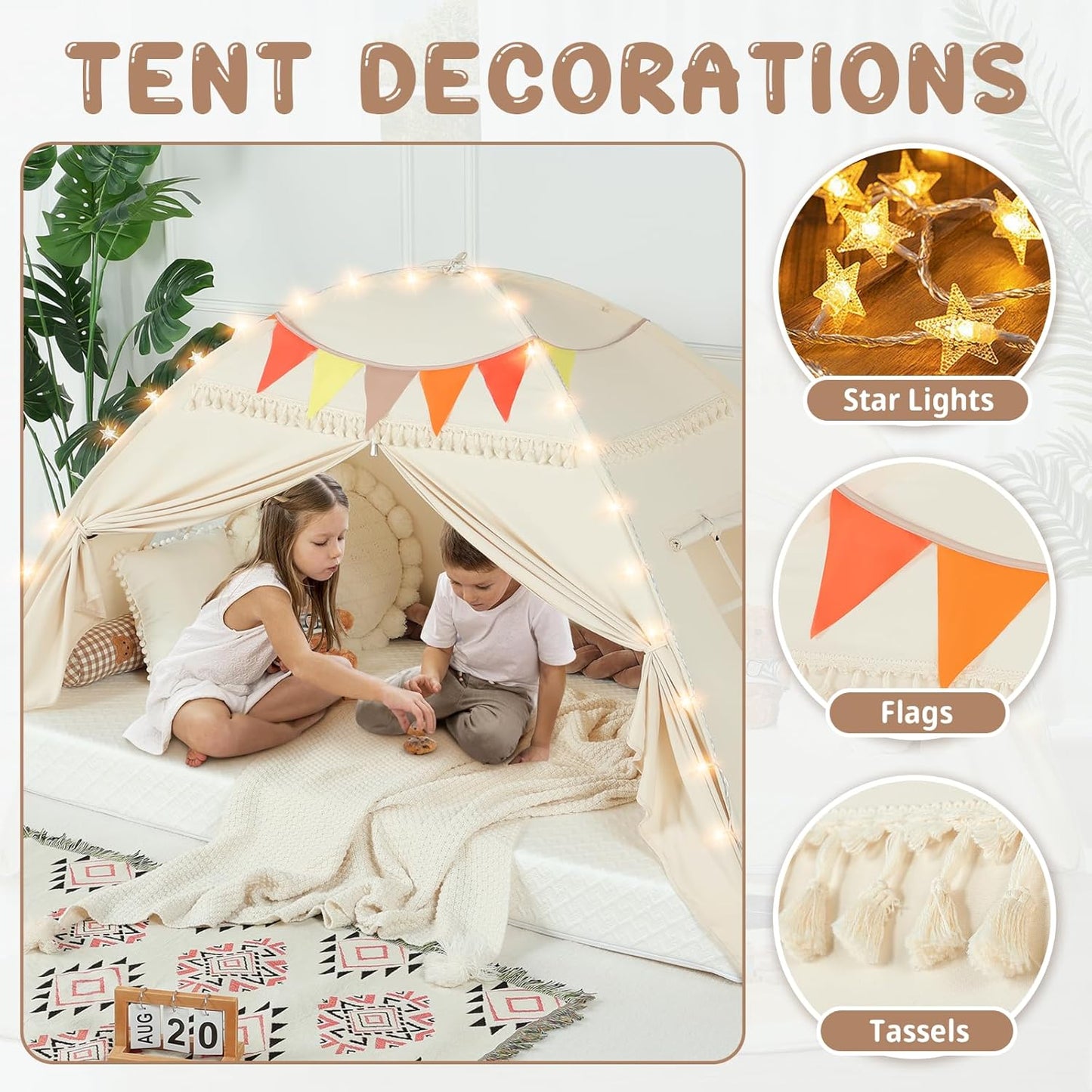 Full Size bed Tent Canopy: Lights & Flags Indoor Floor Bed Kids Tent PlayHouse - Portable & Foldable Twin Bunk bed Curtains - Large Size Girls & Boys House Bedroom Privacy Space Sleeping Tents Gifts