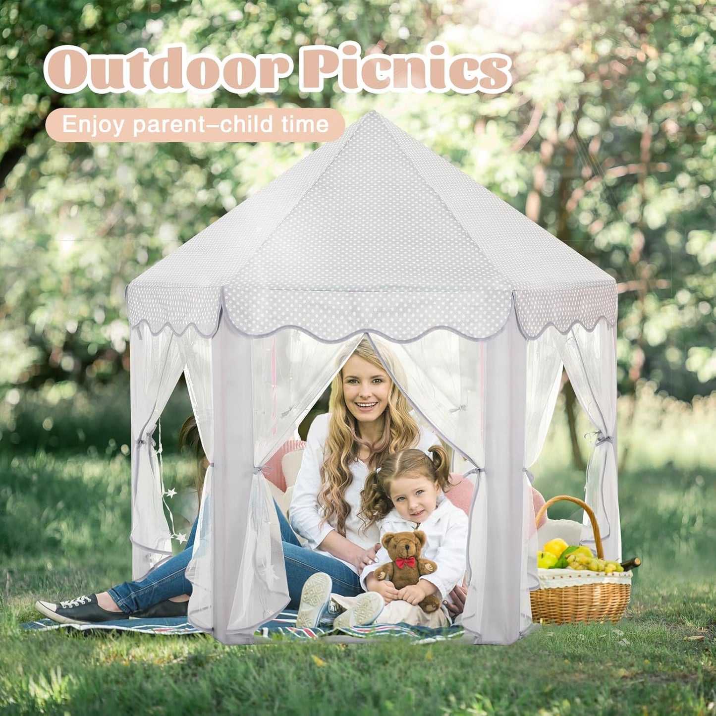 Princess Castle Tent for Girls Fairy Play Tents for Kids Blue Hexagon Playhouse with Fairy Star Lights Toys for Children or Toddlers Indoor or Outdoor Games (Grey Princess Tent)