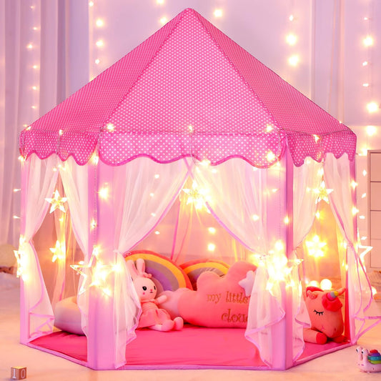 Princess Castle Tent for Girls Fairy Play Tents for Kids Hexagon Playhouse with Big Fairy Star Lights Toys for Children or Toddlers Indoor or Outdoor Games (Pink Princess Tent with Big Star Lights)