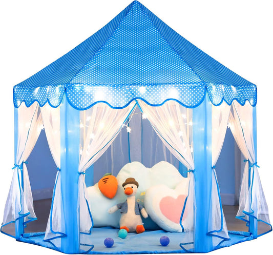 Sumbababy Princess Castle Tent for Girls Fairy Play Tents for Kids Blue Hexagon Playhouse with Fairy Star Lights Toys for Children or Toddlers Indoor or Outdoor Games (Blue Princess Tent)