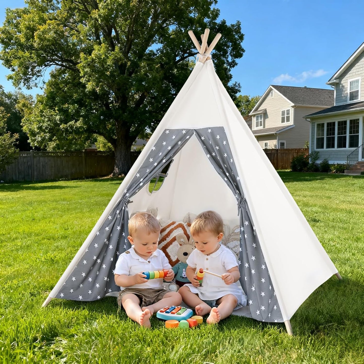 Teepee Tent for Kids Slumber Party with Mat & Light & Carry Case - Kids Cotton Canvas Play Tee Pee Tent Indoor Outdoor Folding for Boys and Girls Gift - Tipi Play House Garden Picnic Tents Child